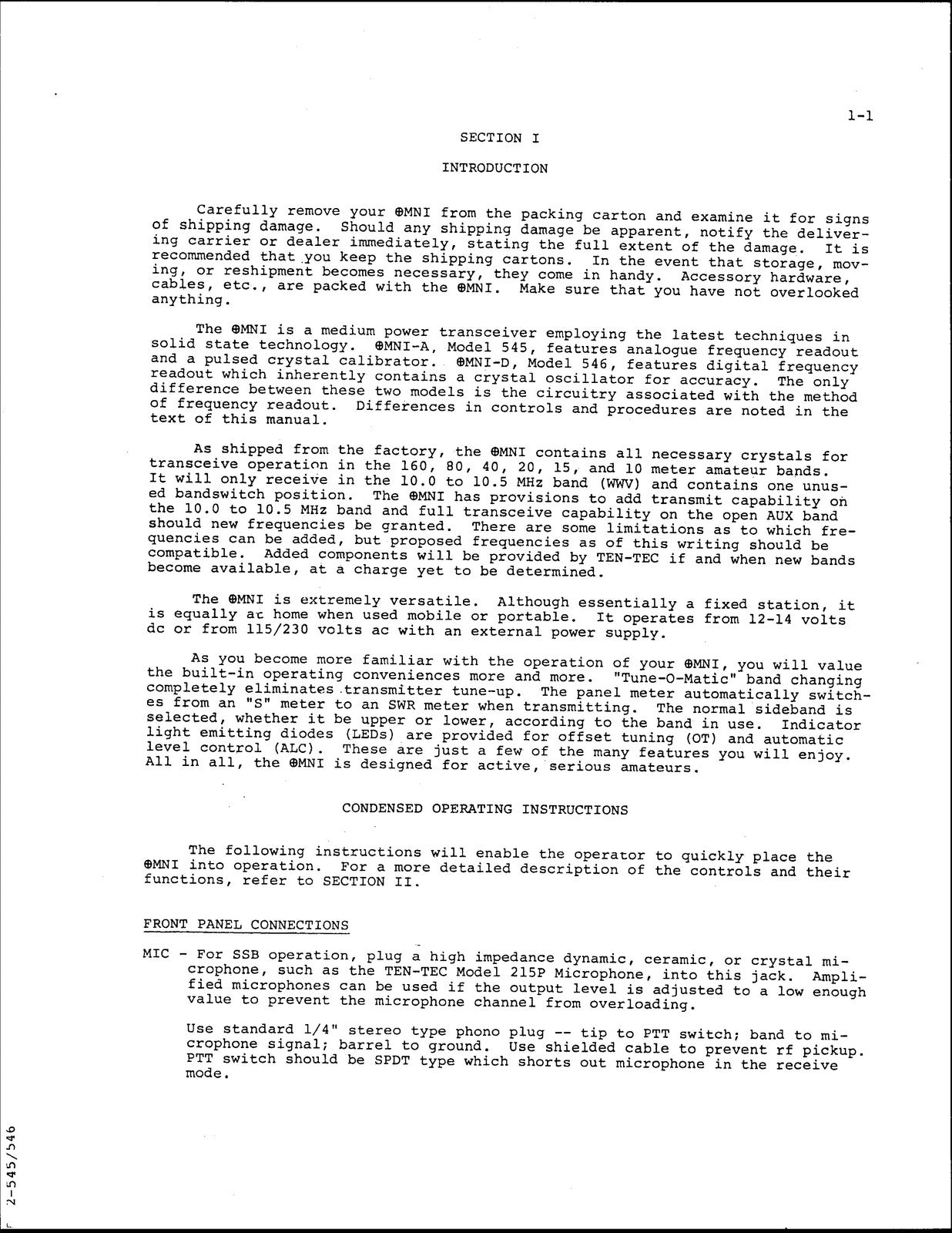 TEN TEC Omni A 545 Omni D_546 Original Series Owners Manual - WIRE BOUND