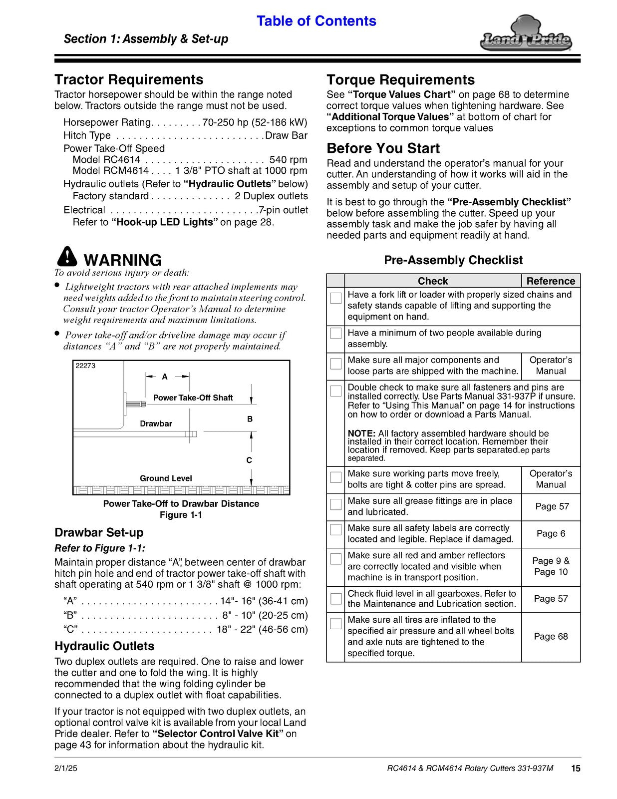 LAND PRIDE RC4614 Rotary Cutter Operators Manual - WIRE BOUND - TOUGH COVERS
