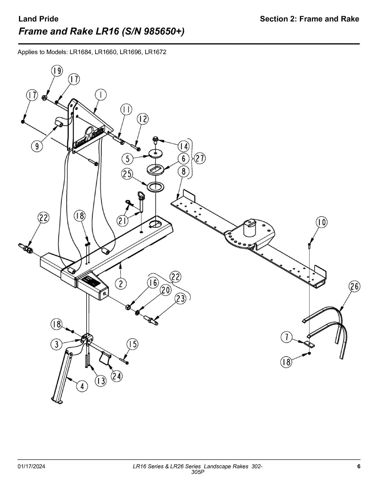 LAND PRIDE LR16 Series Landscape Rakes Parts Manual 2023 - WIRE BOUND - COVERS