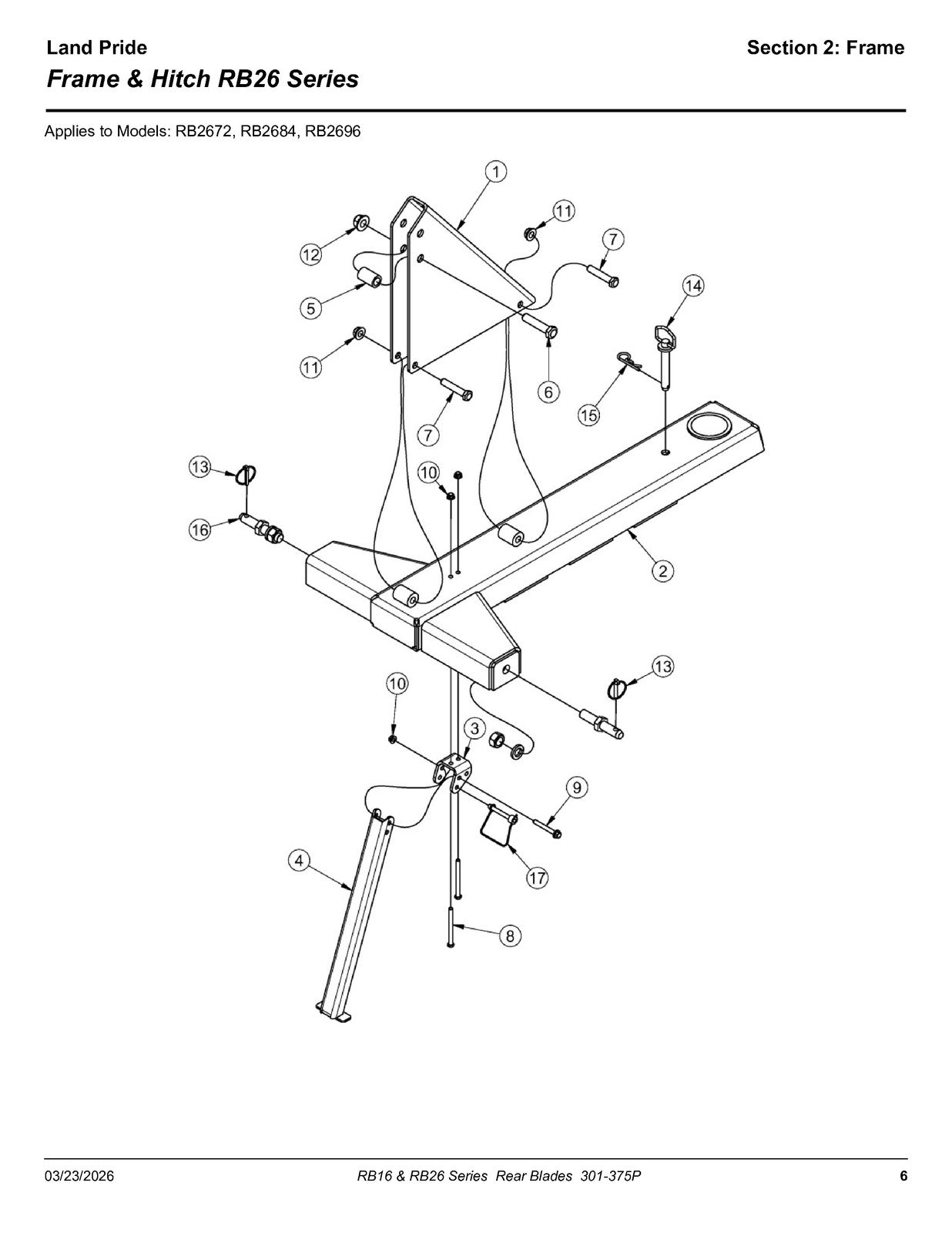 LAND PRIDE RB16 Series Rear Blades Parts Manual 2026 - WIRE BOUND - TOUGH COVERS