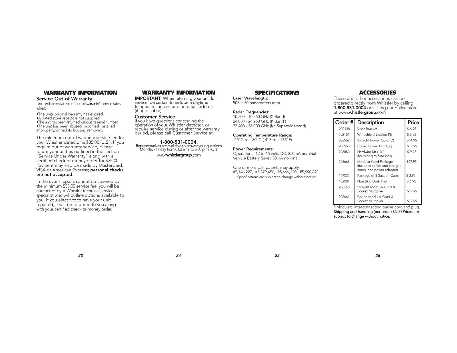 WHISTLER XTR-105 Laser Radar Detector Owners Manual 2007 - WIRE BOUND - COVERS