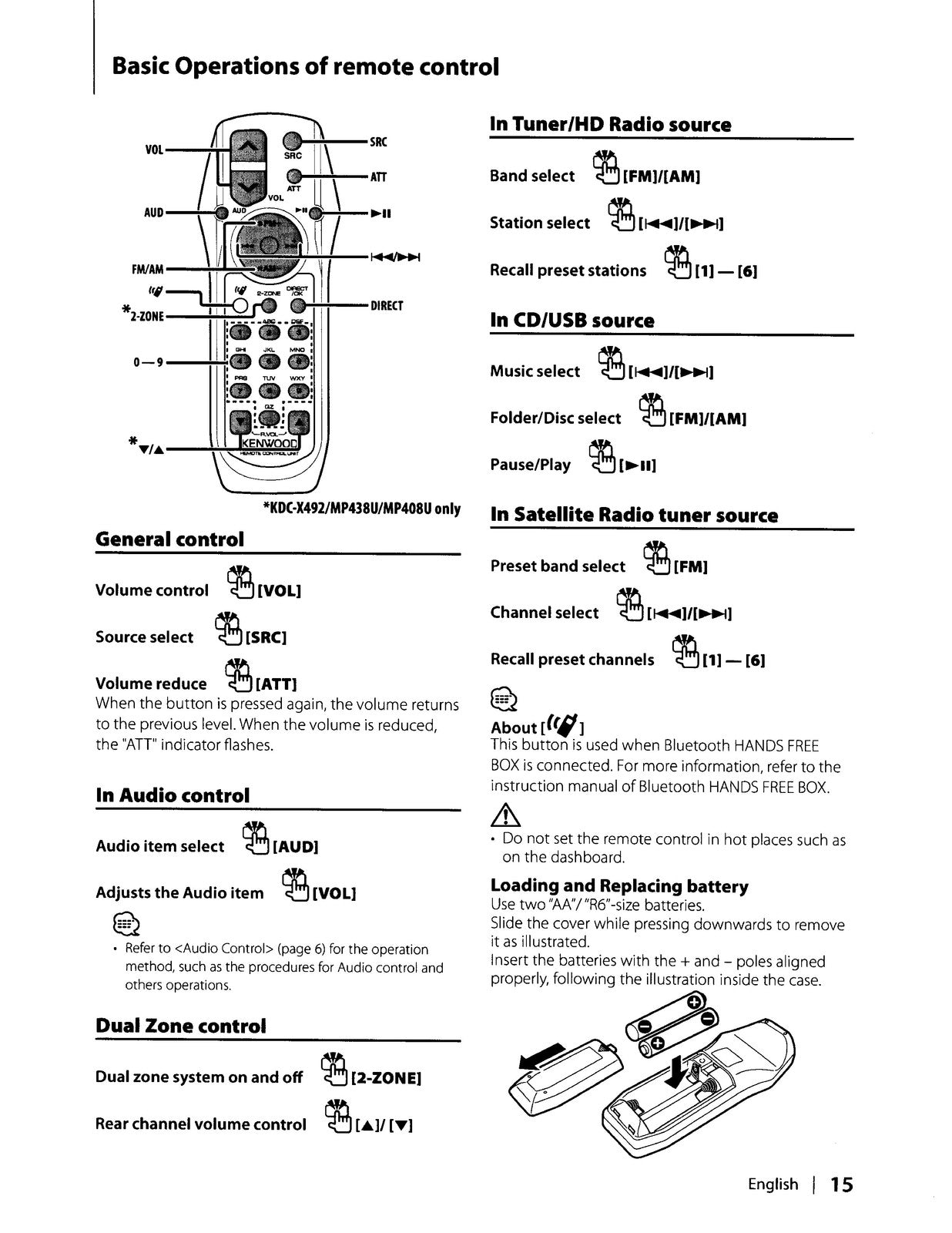 KENWOOD KDC-X492 KDC-MP438U 408U 338 CD-Receiver Instruction Manual - WIRE BOUND