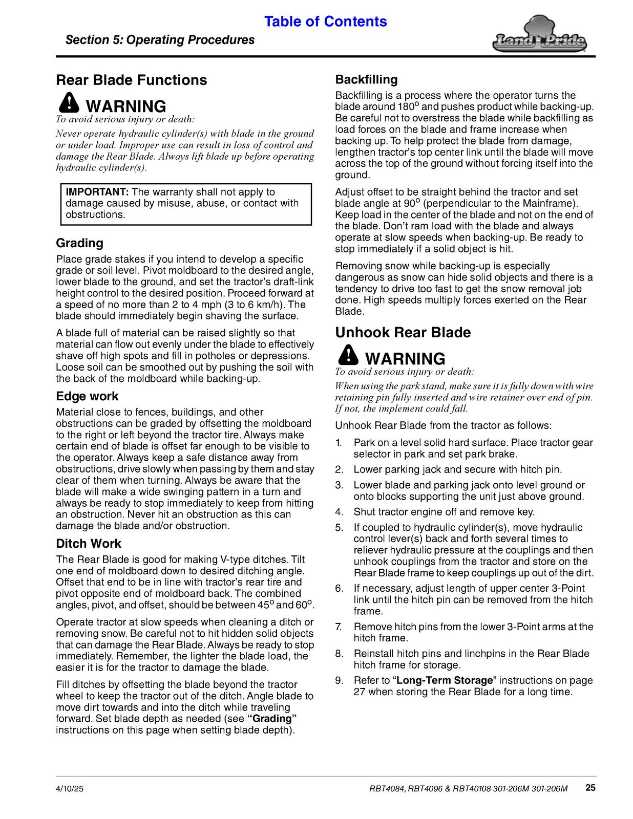 LAND PRIDE RBT4096 Series Rear Blades Operators Manual - WIRE BOUND - COVERS
