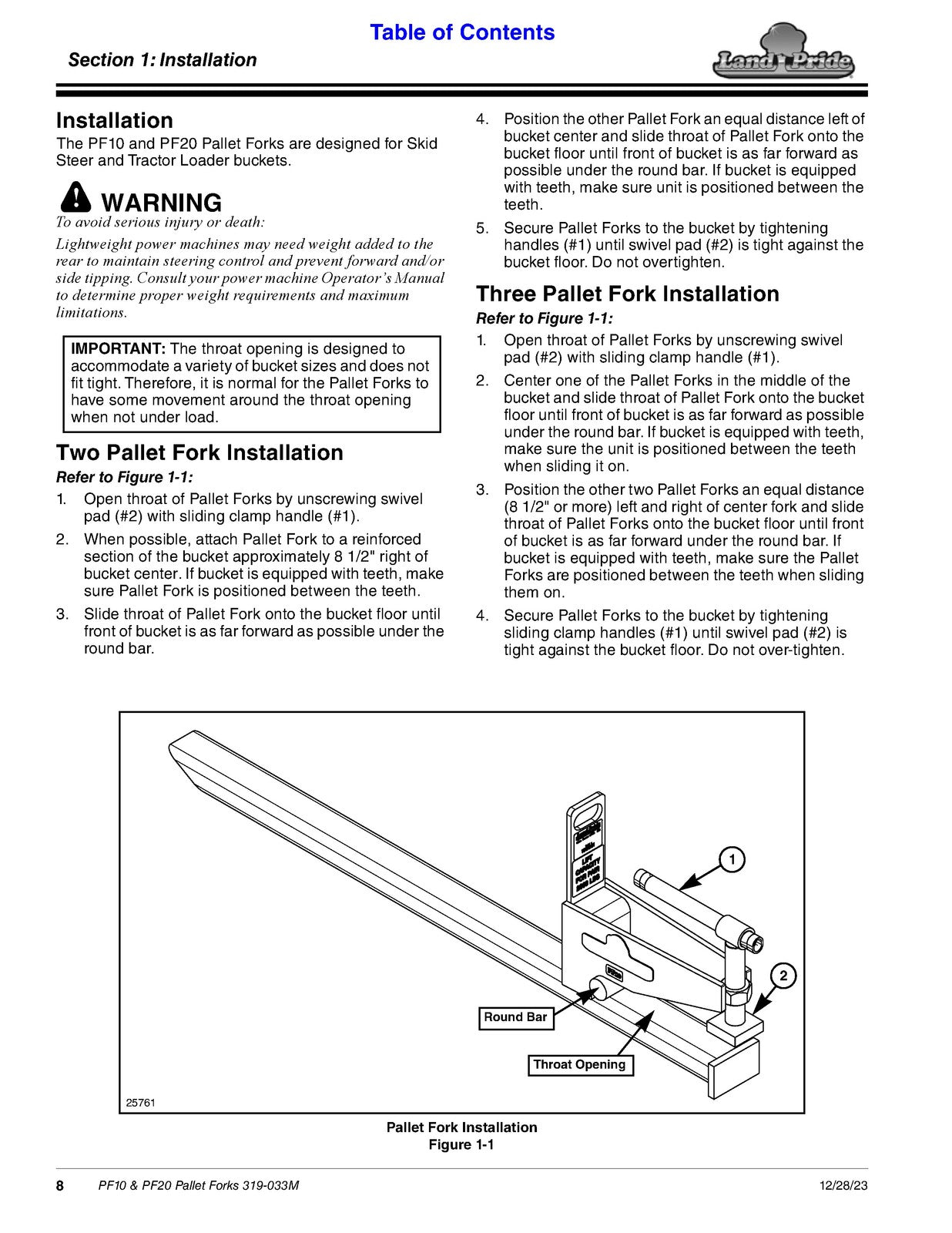 LAND PRIDE PF10 PF20 Series Pallet Forks Operators Manual - WIRE BOUND - COVERS