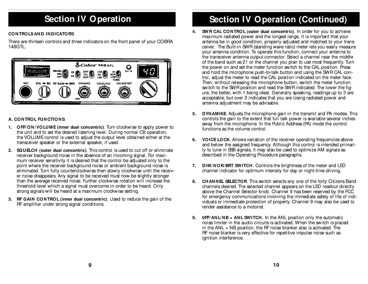 COBRA 148 GTL CB Radio Operating Instructions Manual - WIRE BOUND - TOUGH COVERS