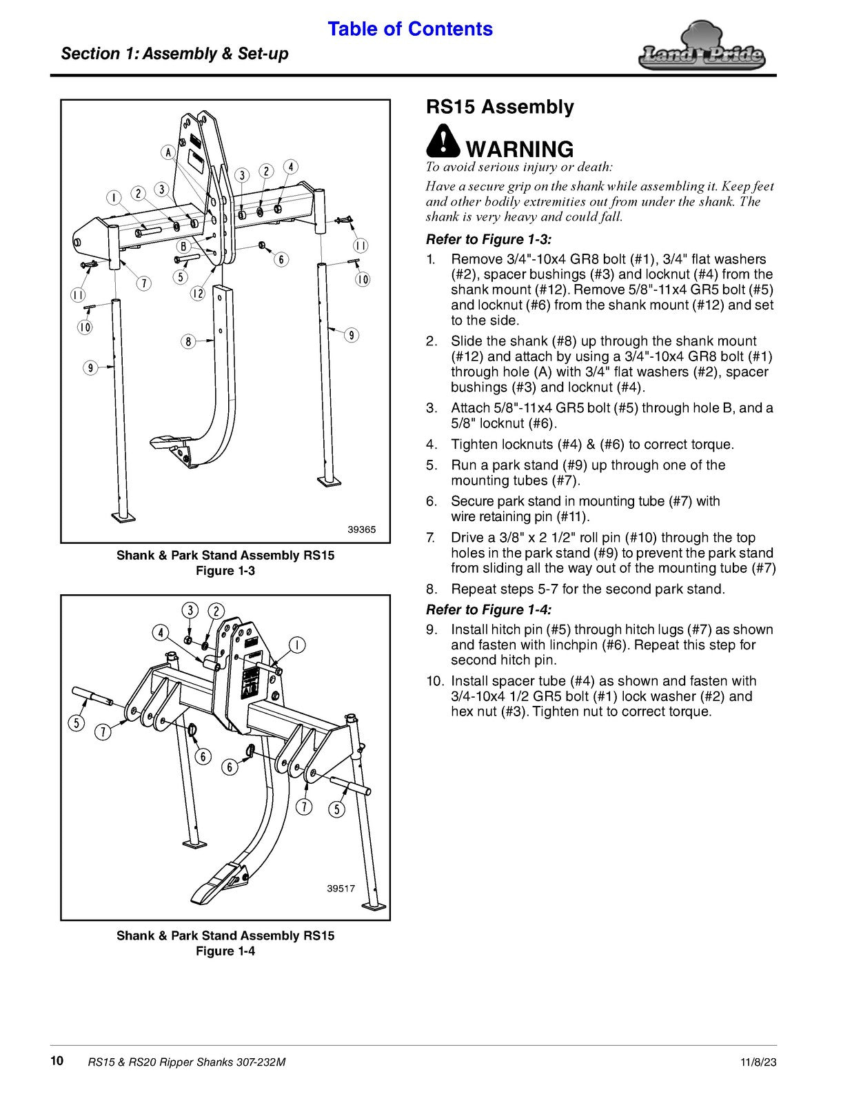 LAND PRIDE RS15 Series Ripper Shanks Operators Manual - WIRE BOUND - COVERS