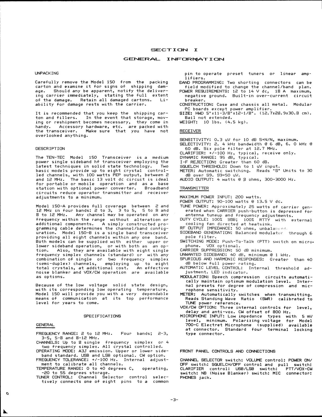 TEN TEC 150-A-B SSB Transceiver Operating Maintenance Manual - WIRE BOUND
