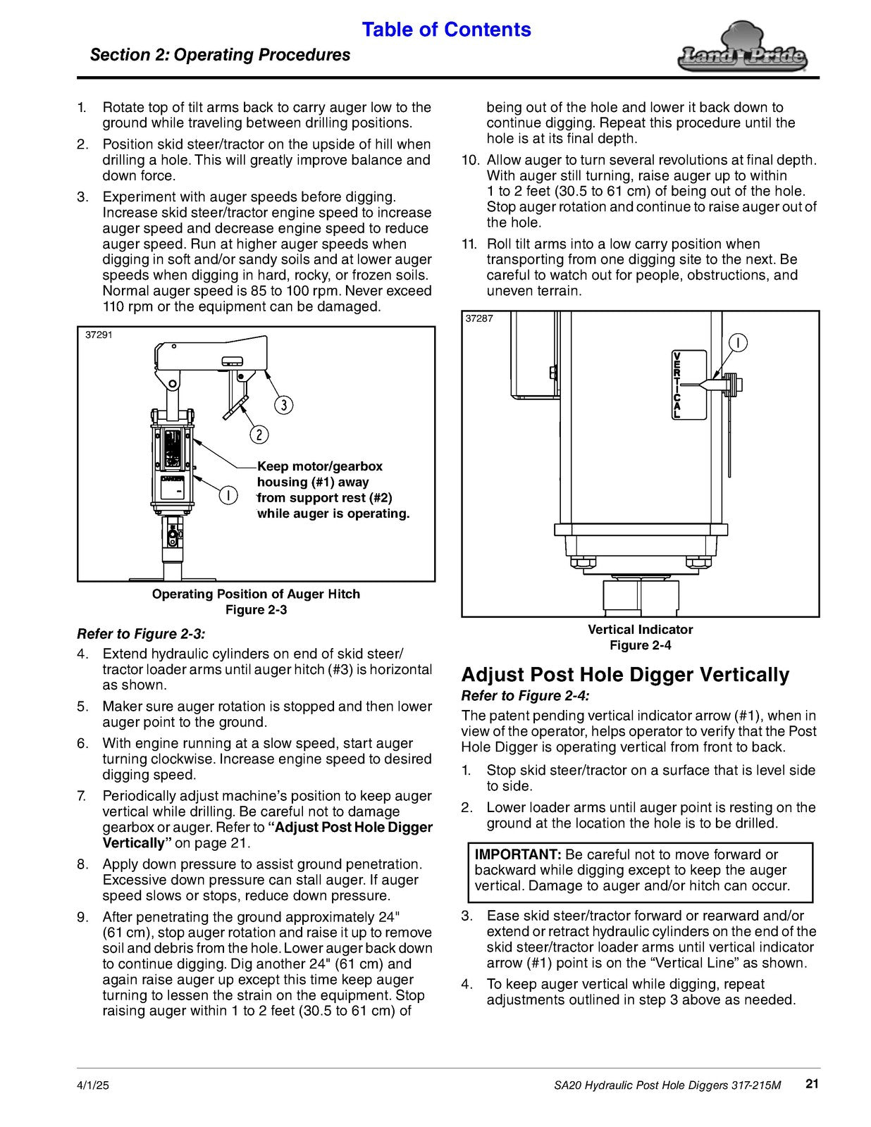 LAND PRIDE SA20 Series Post Hole Digger Operators Manual - WIRE BOUND - COVERS