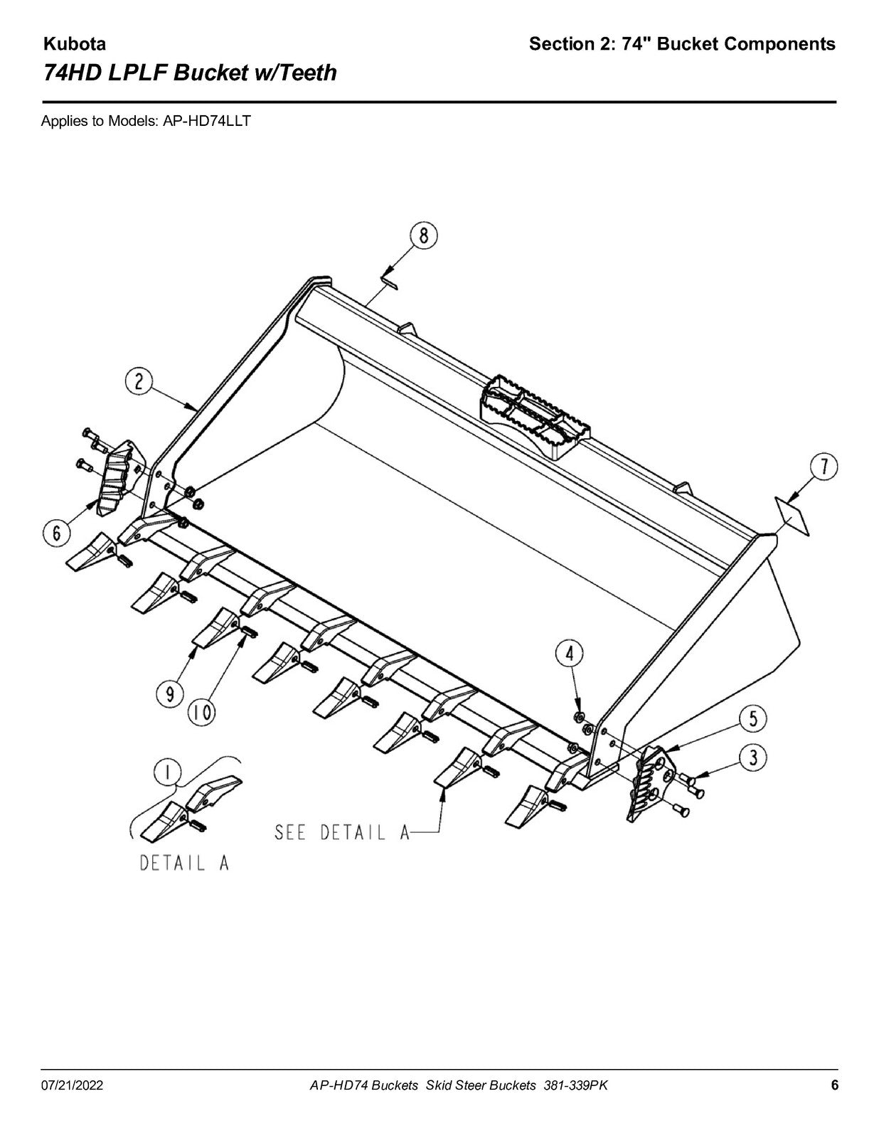 LAND PRIDE HD74 SL HD Series Buckets Parts Manual 2022 - WIRE BOUND - COVERS