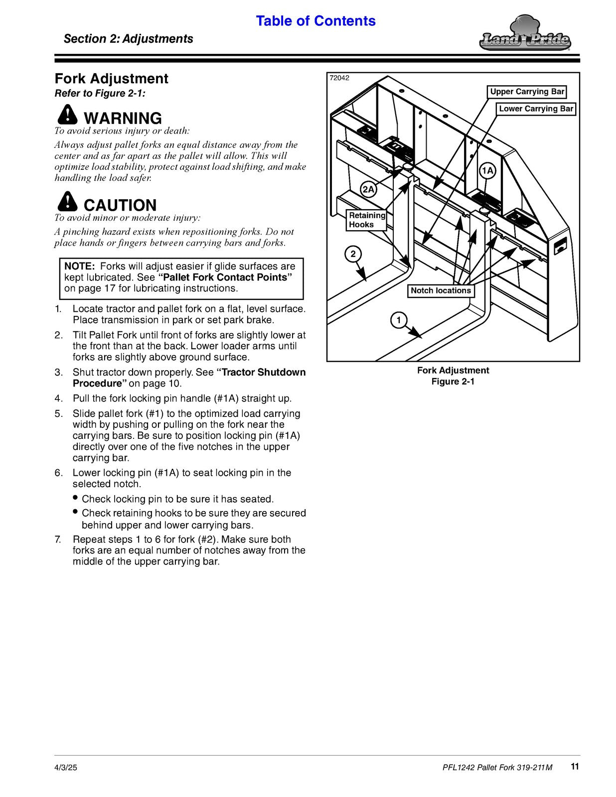 LAND PRIDE PFL12 Series Pallet Forks Operators Manual - WIRE BOUND - COVERS