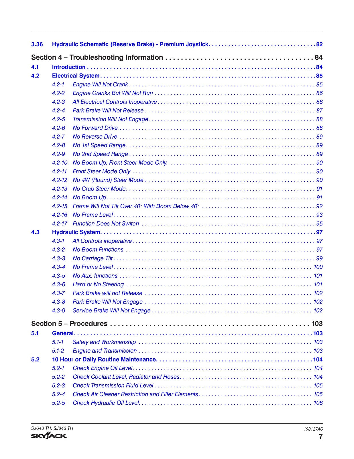 SKYJACK SJ643 TH SJ843 TH Telehandler Service Manual 2026 SN 87110001 Up