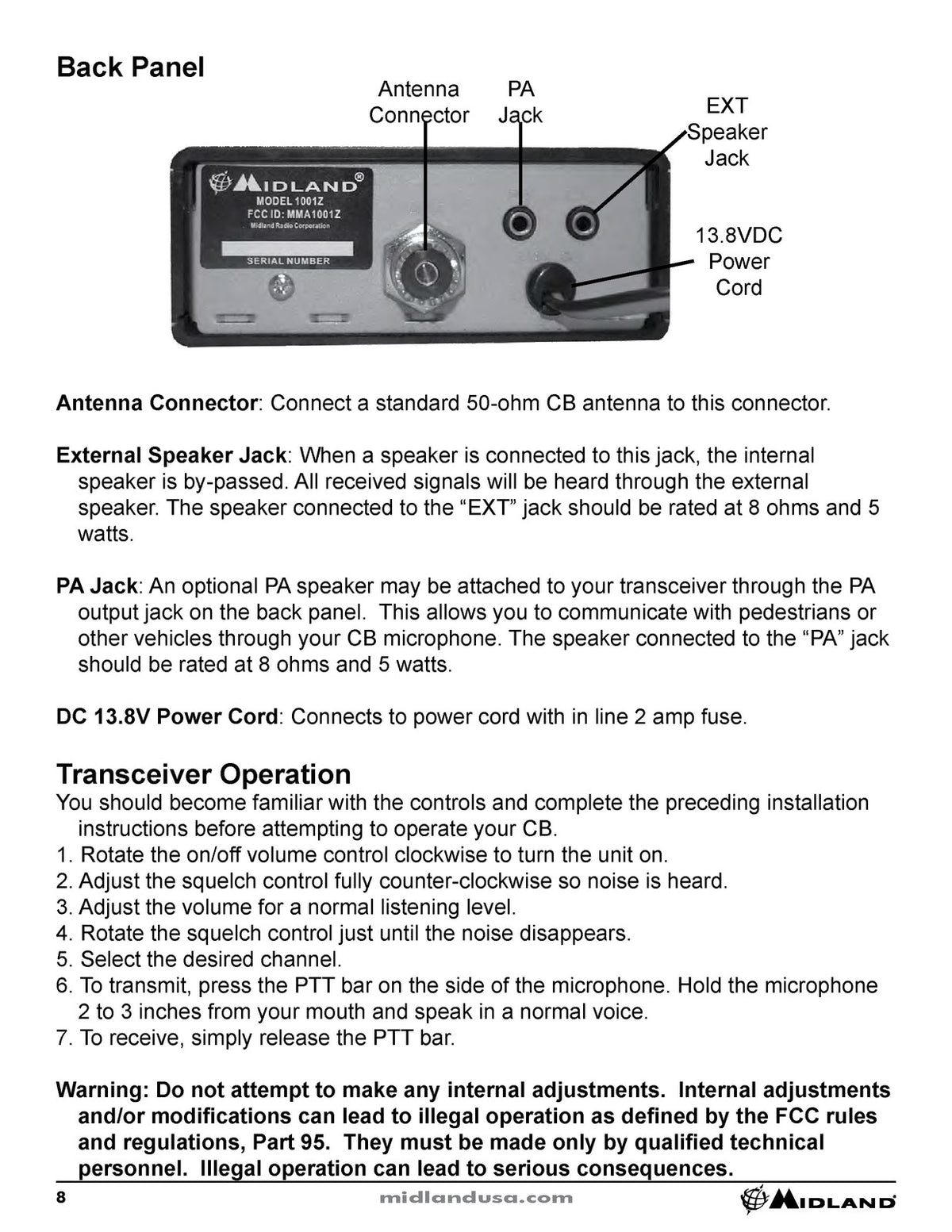 MIDLAND 1001Z 40 Channel CB Radio Owners Manual - WIRE BOUND - TOUGH COVERS
