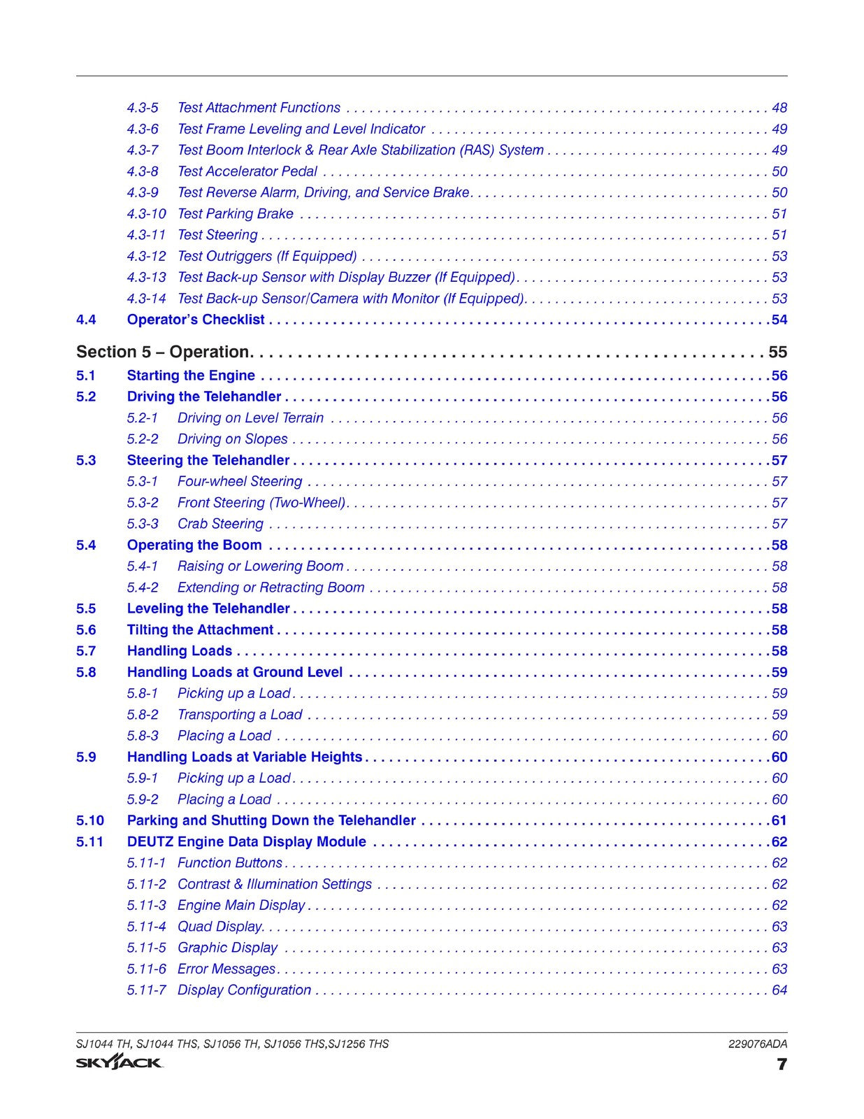 SKYJACK SJ1044 TH SJ1056 TH SJ1256 THS Telehandler Operating Manual 2021 - BOUND