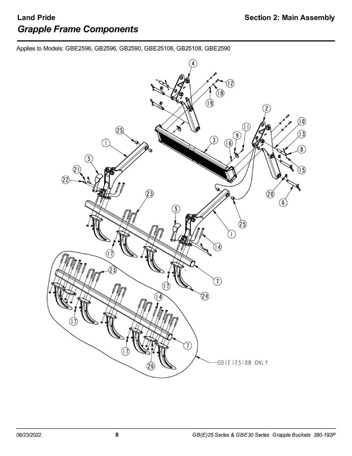 LAND PRIDE GB2596 Series Grapple Buckets Parts Manual 2022 - WIRE BOUND - COVERS