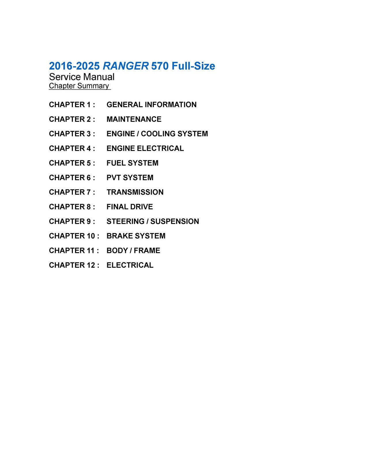 POLARIS Ranger 570 Full-Size Service Manual 2016-2025 - WIRE BOUND - COVERS