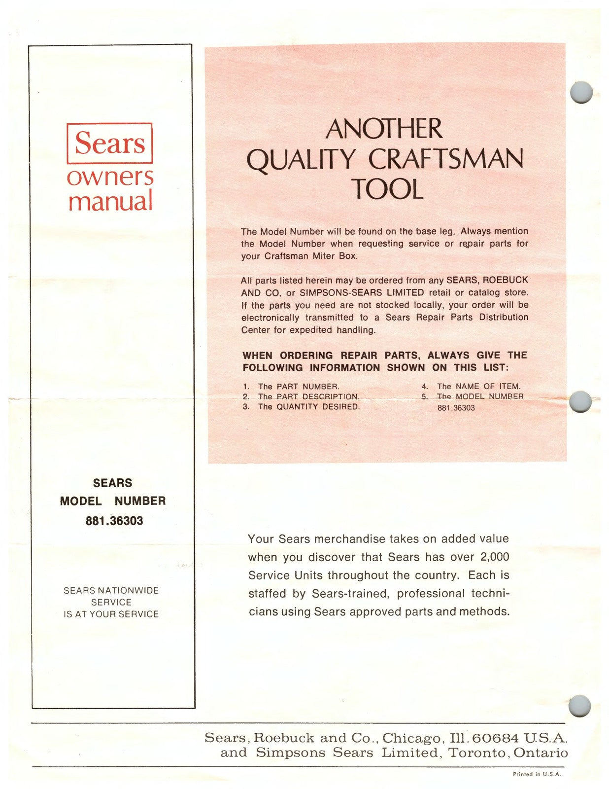 SEARS CRAFTSMAN 88136303 Miter Box Owners Manual - WIRE BOUND - TOUGH COVERS