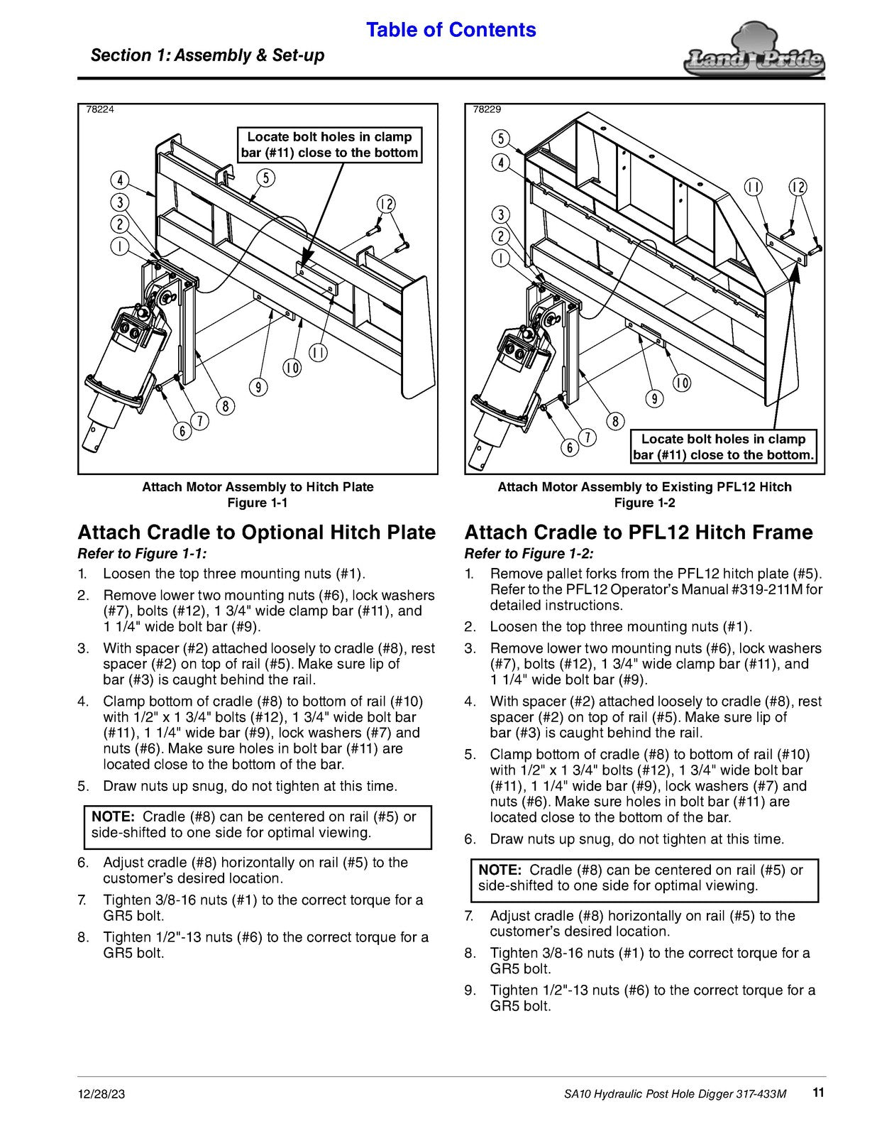 LAND PRIDE SA10 Series Hydraulic Post Hole Digger Operators Manual - WIRE BOUND