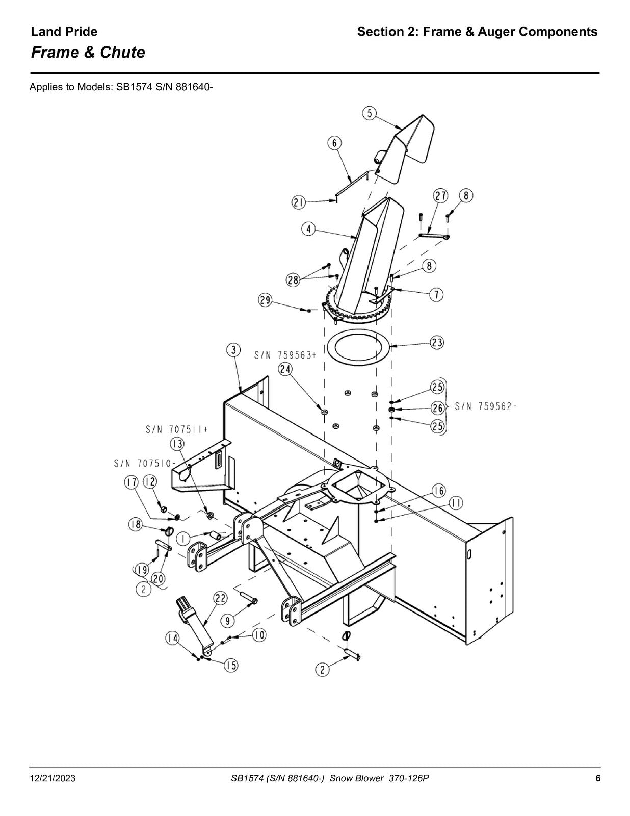 LAND PRIDE SB15 Series Snow Blowers Parts Manual 2023 - WIRE BOUND - COVERS