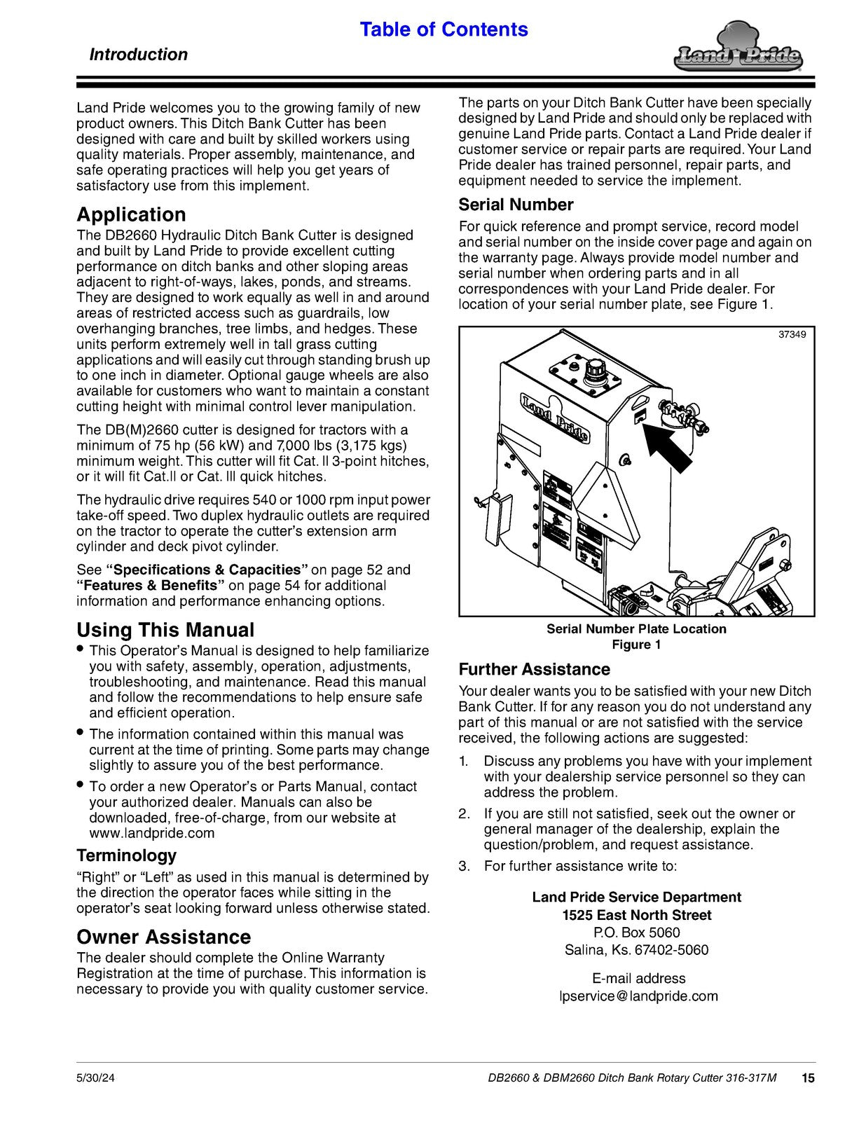 LAND PRIDE DB26 Series Ditch Bank Cutter Operators Manual - WIRE BOUND - COVERS