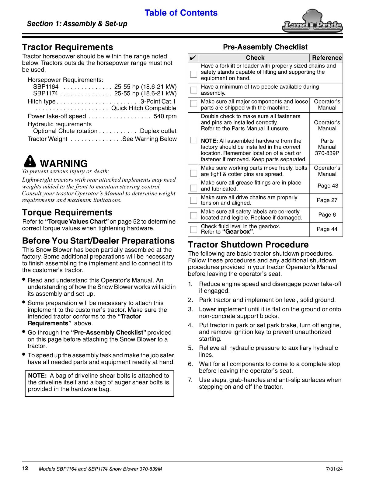 LAND PRIDE SBP11 Series Snow Blowers Operators Manual - WIRE BOUND - COVERS