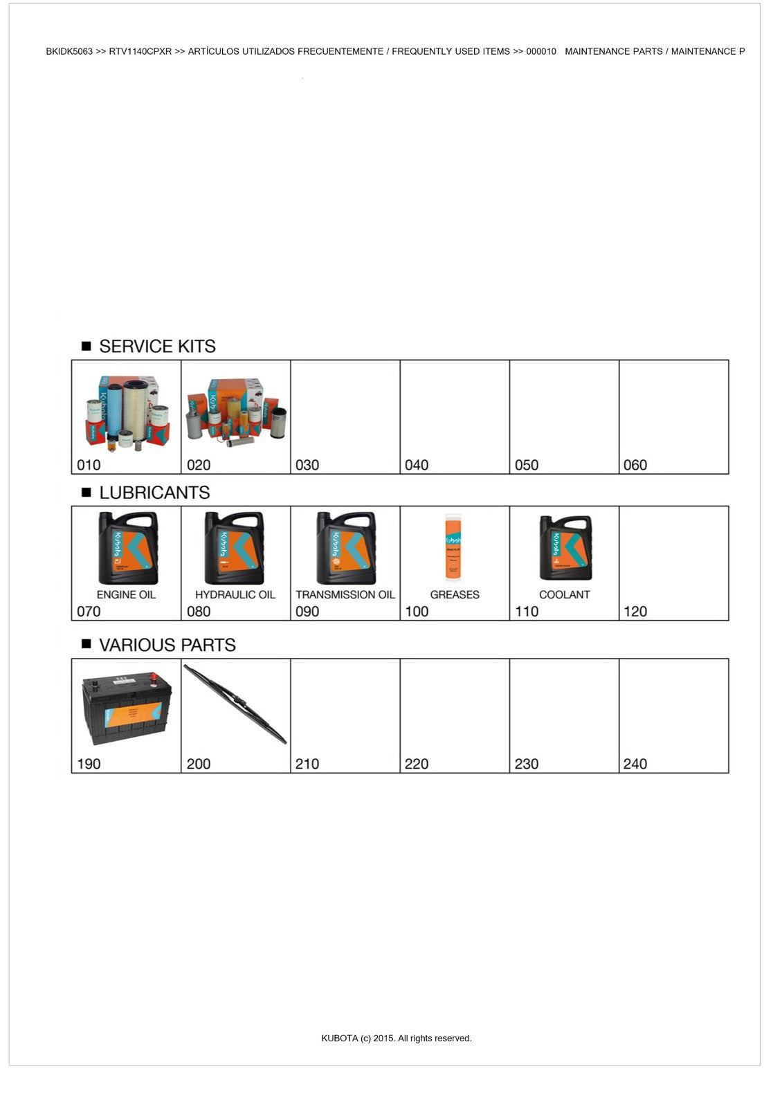 KUBOTA RTV1140CPX CPXR 2015 Illustrated Parts Manual - WIRE BOUND - TOUGH COVERS