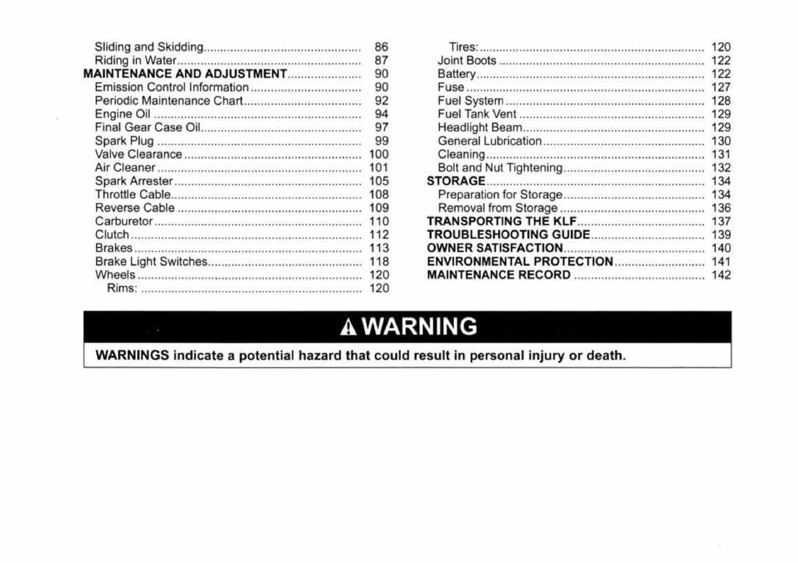 KAWASAKI Bayou 250 Owners Manual 2005 - STEEL WIRE BOUND - PROTECTIVE COVERS