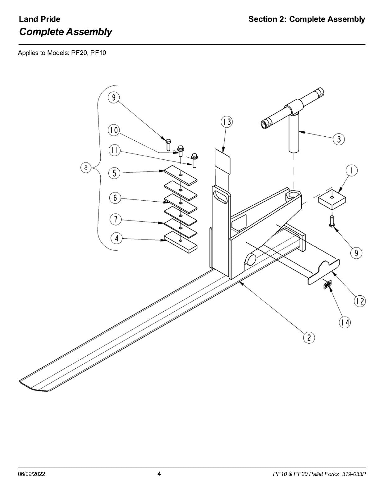 LAND PRIDE PF10 PF20 Series Pallet Forks Parts Manual 2022 - WIRE BOUND - COVERS