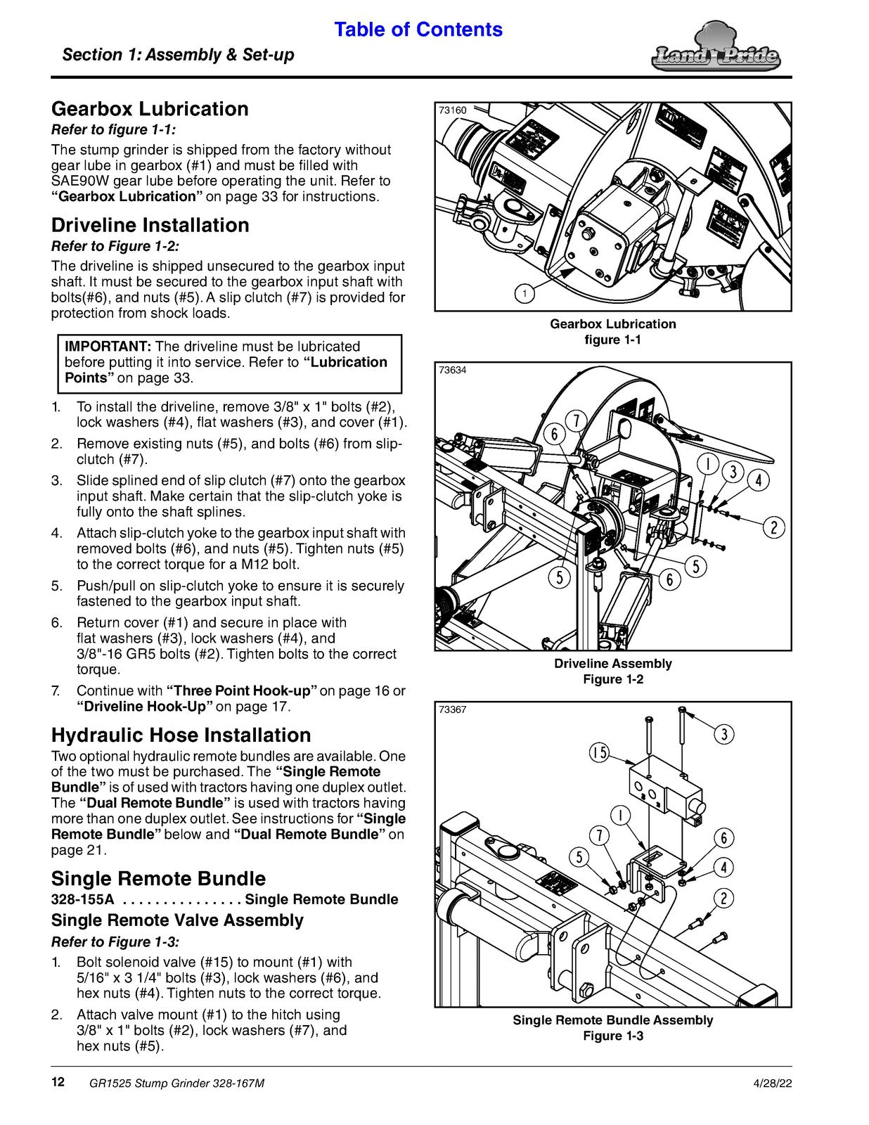 LAND PRIDE GR15 Series Stump Grinder Operators Manual - WIRE BOUND - COVERS