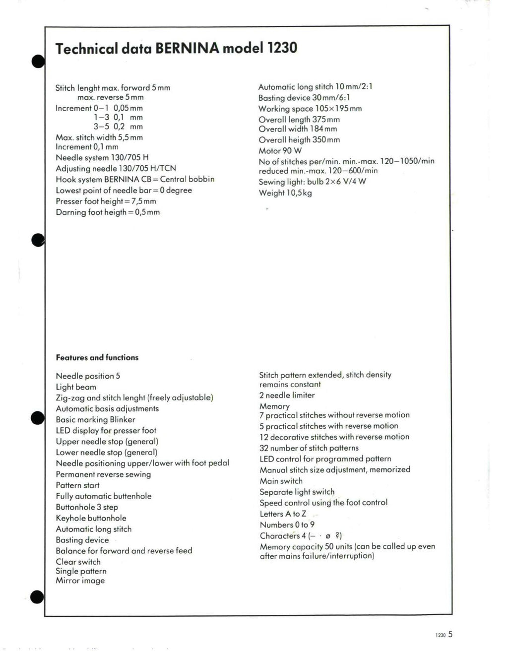 BERNINA 1230 SERVICE MANUAL Supplement to 1130 1120 - WIRE BOUND - TOUGH COVERS