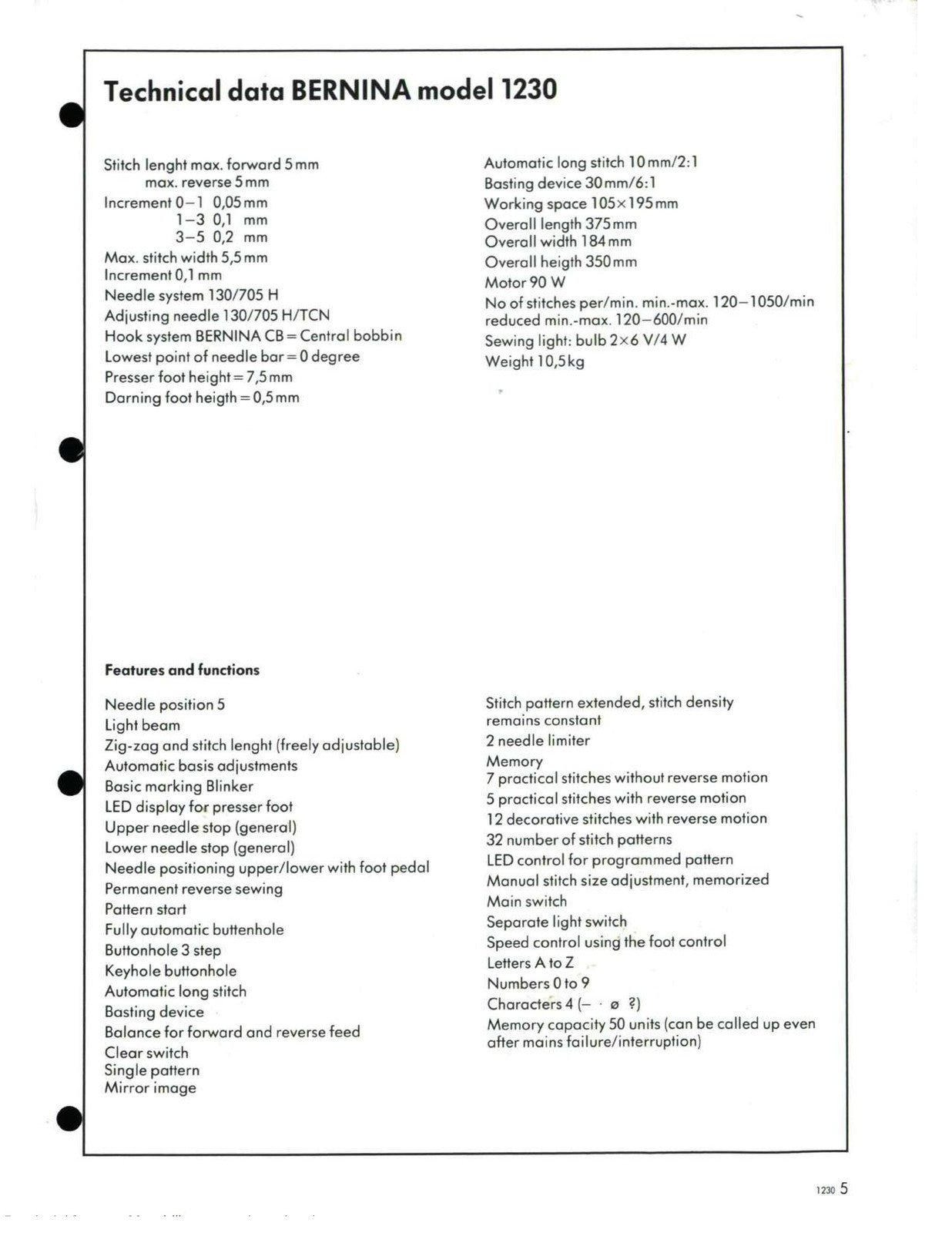 BERNINA 1230 SERVICE MANUAL Supplement to 1130 1120 - WIRE BOUND - TOUGH COVERS