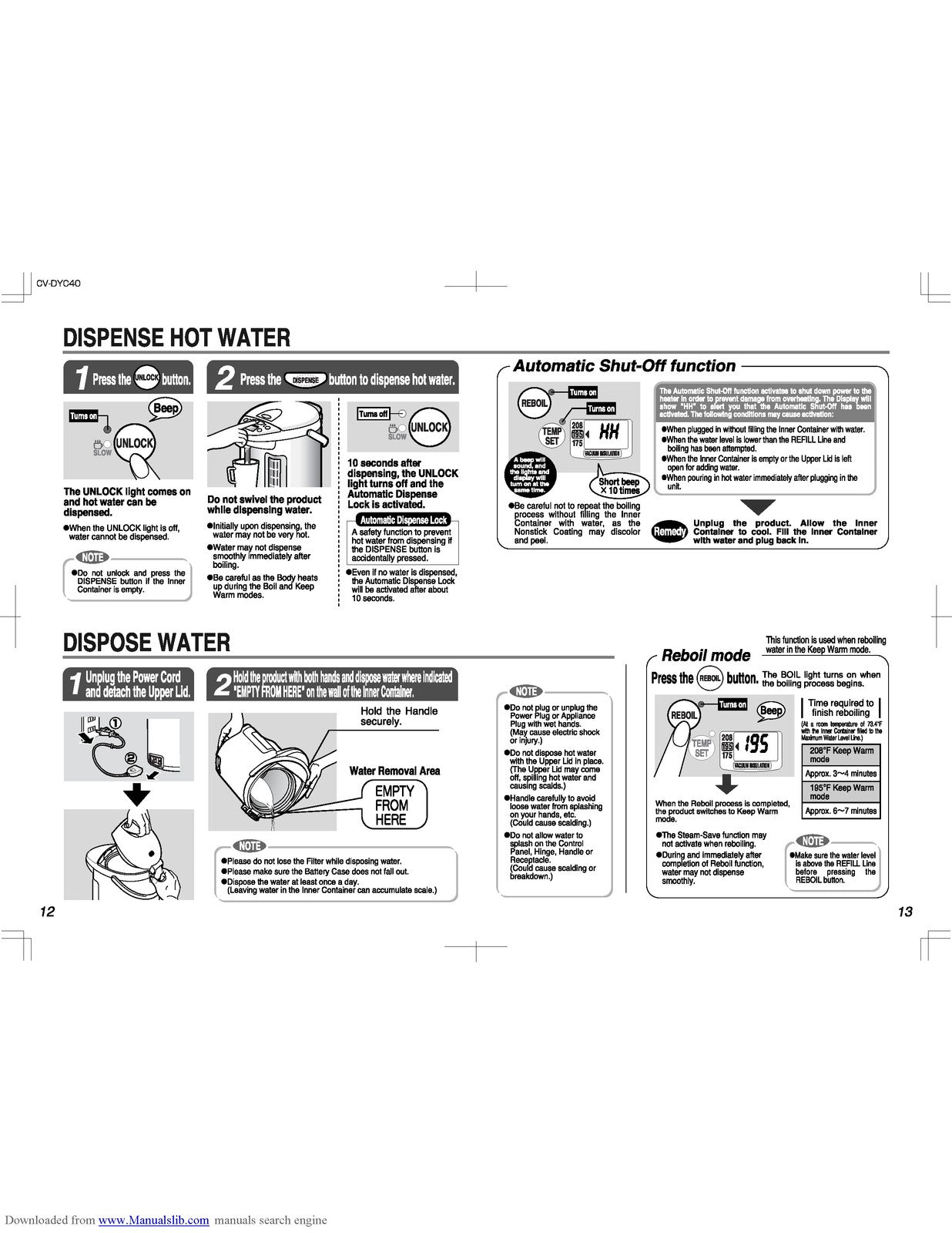 ZOJIRUSHI CV-DYC40 VE Hybrid Water Boiler Operating Instructions Manual - BOUND