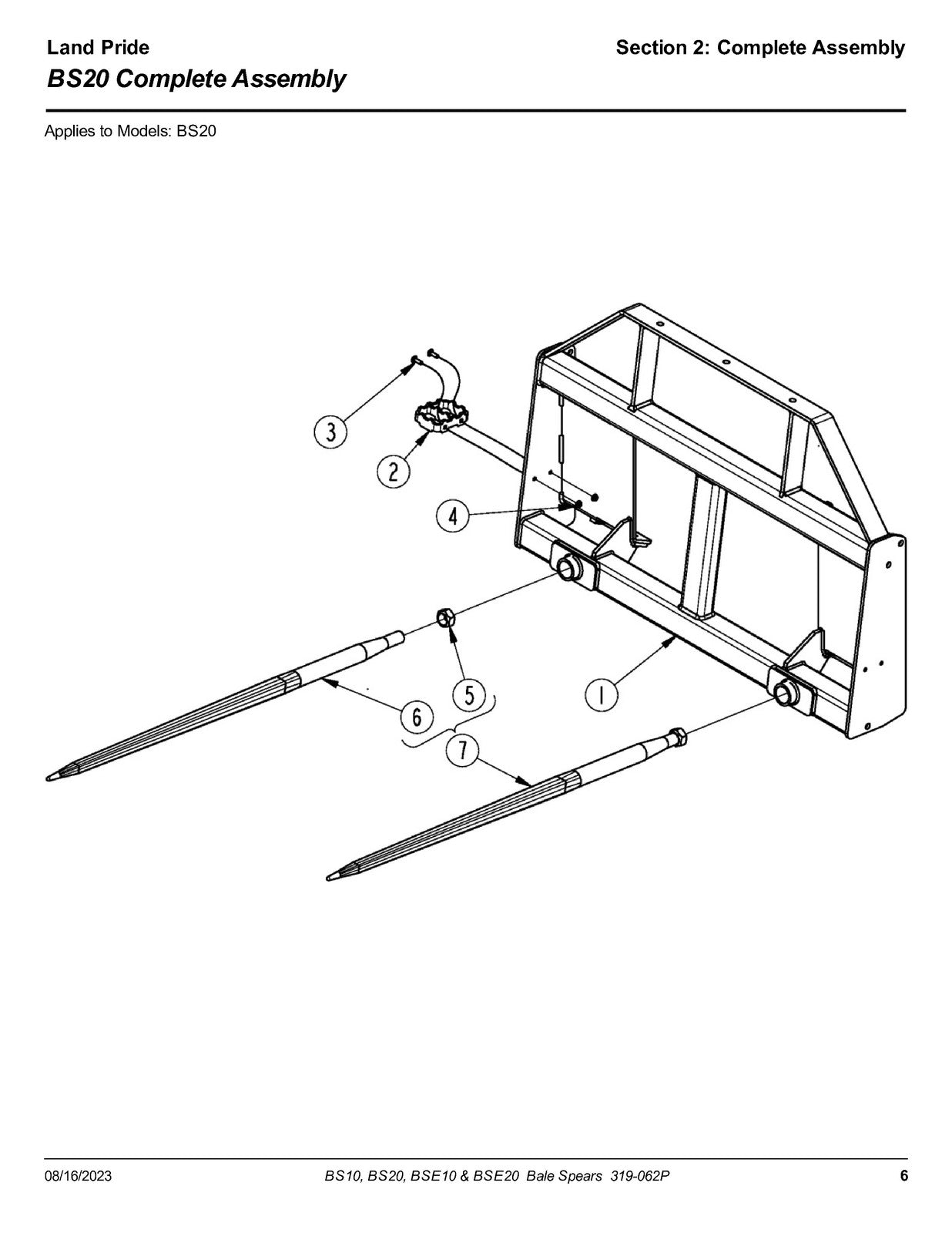 LAND PRIDE BS10 BS20 BSE20 Series Bale Spears Parts Manual 2023 - WIRE BOUND