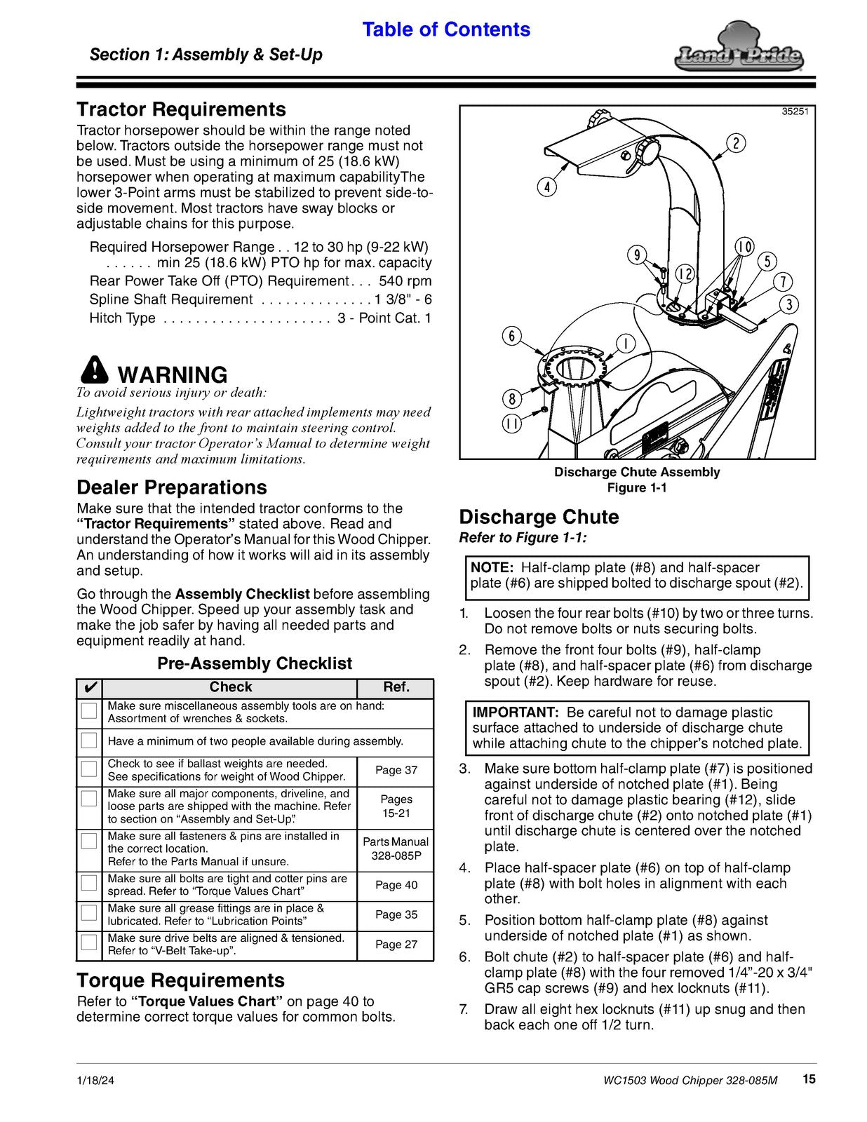 LAND PRIDE WC1503 Wood Chippers Operators Manual - WIRE BOUND - TOUGH COVERS