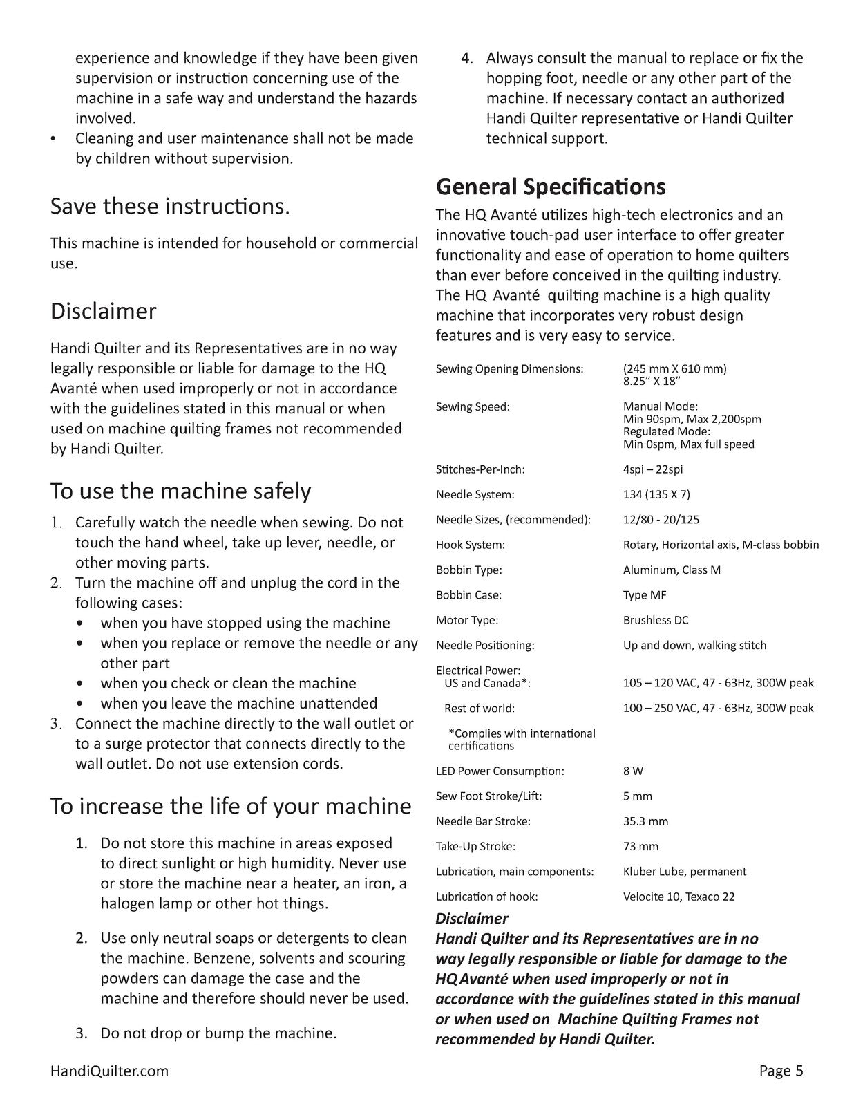 HANDI QUILTER HQ Avante v3.4 User Manual - WIRE BOUND - TOUGH COVERS