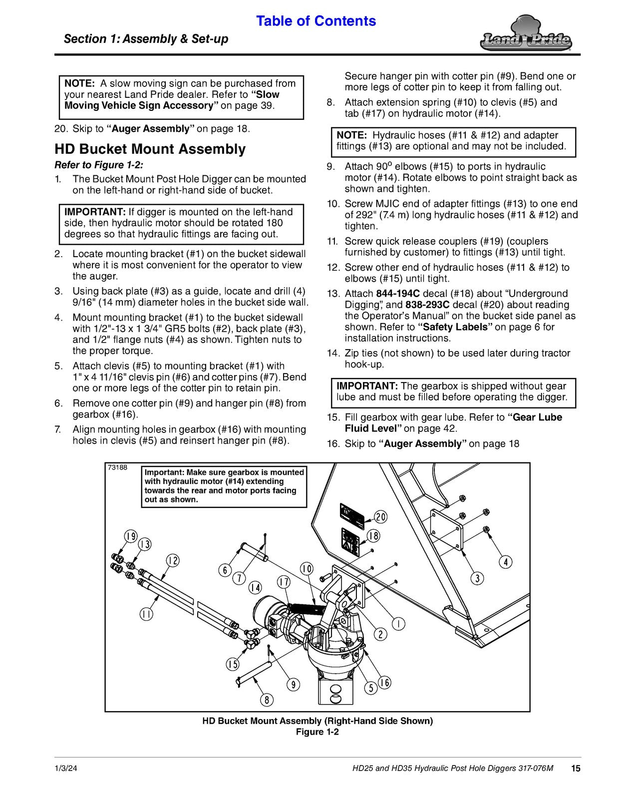 LAND PRIDE HD25 Series Post Hole Diggers Operators Manual - WIRE BOUND - COVERS