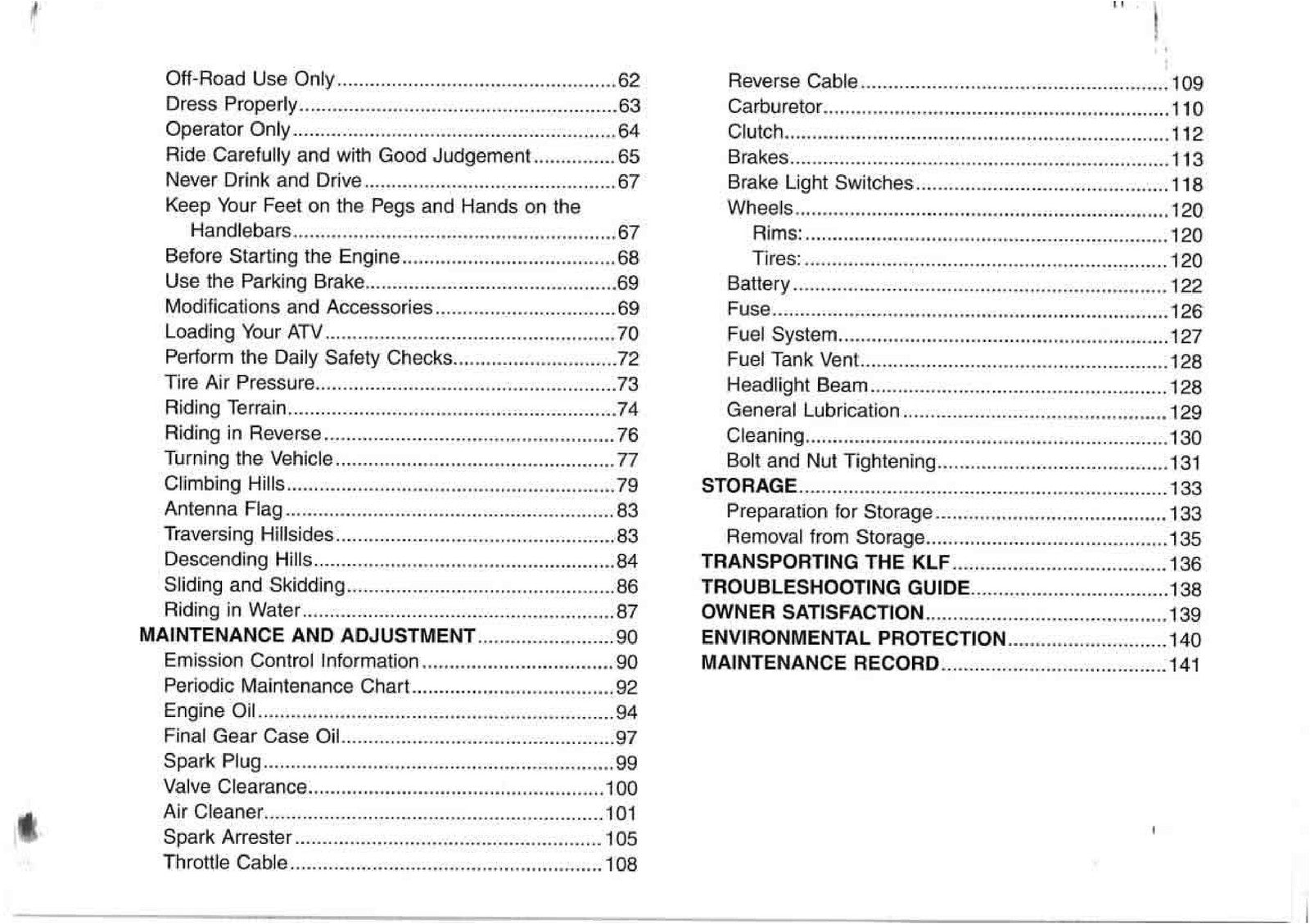 KAWASAKI Bayou 250 Owners Manual 2004 - STEEL WIRE BOUND - PROTECTIVE COVERS