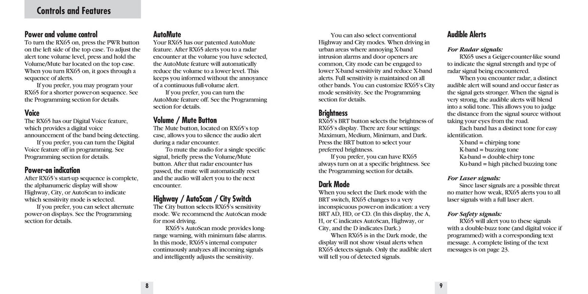 BELTRONICS Bel Pro RX65 Radar Detector Owners Manual - WIRE BOUND - TOUGH COVERS