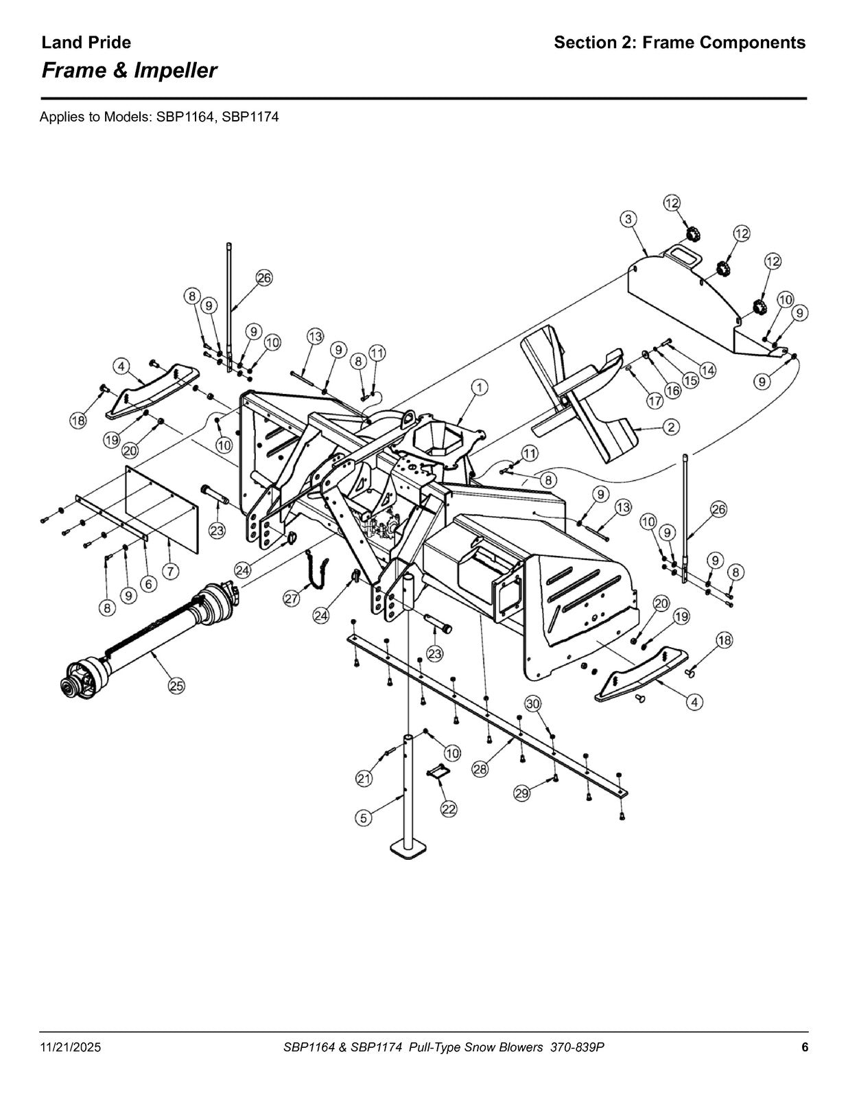 LAND PRIDE SBP11 Series Snow Blowers Parts Manual 2025 - WIRE BOUND - COVERS