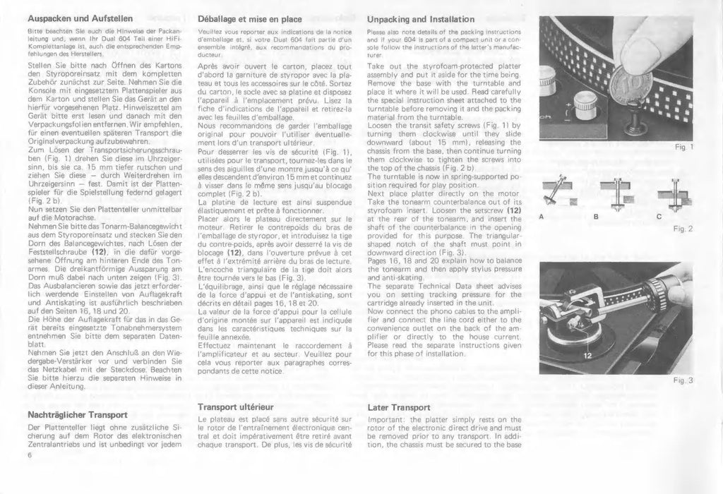 DUAL 604 Turntable User Manual - STEEL WIRE BOUND - PROTECTIVE COVERS