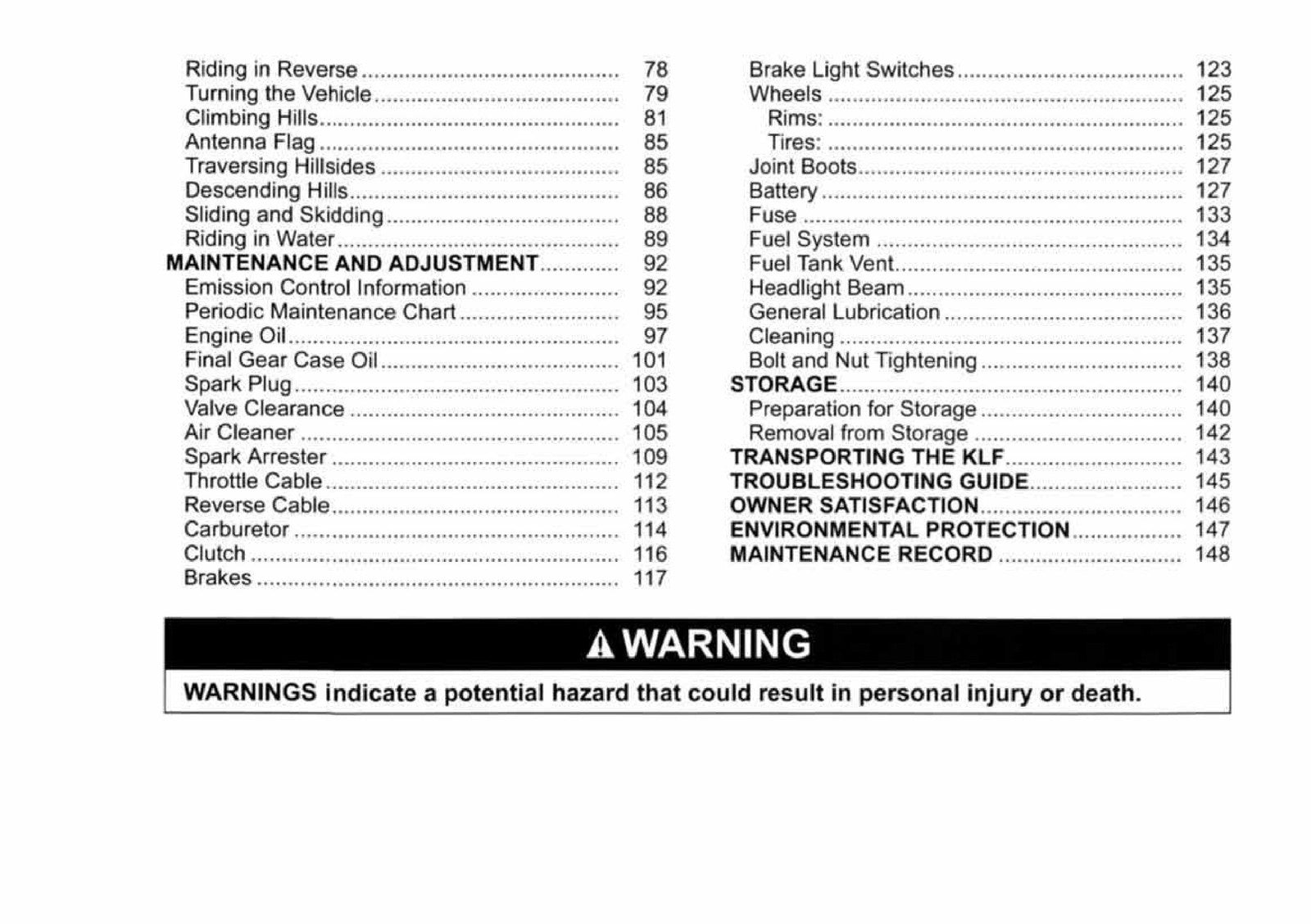 KAWASAKI Bayou 250 Owners Manual 2006 - STEEL WIRE BOUND - PROTECTIVE COVERS