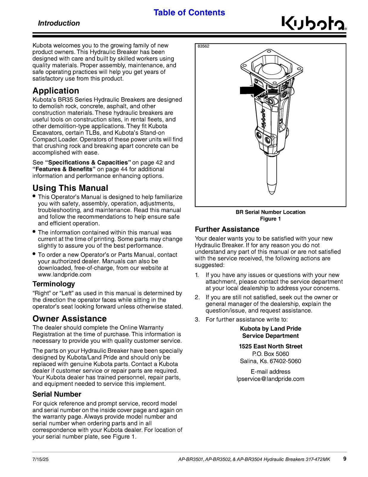 LAND PRIDE BR35 BR Series Breakers Operators Manual - WIRE BOUND - TOUGH COVERS