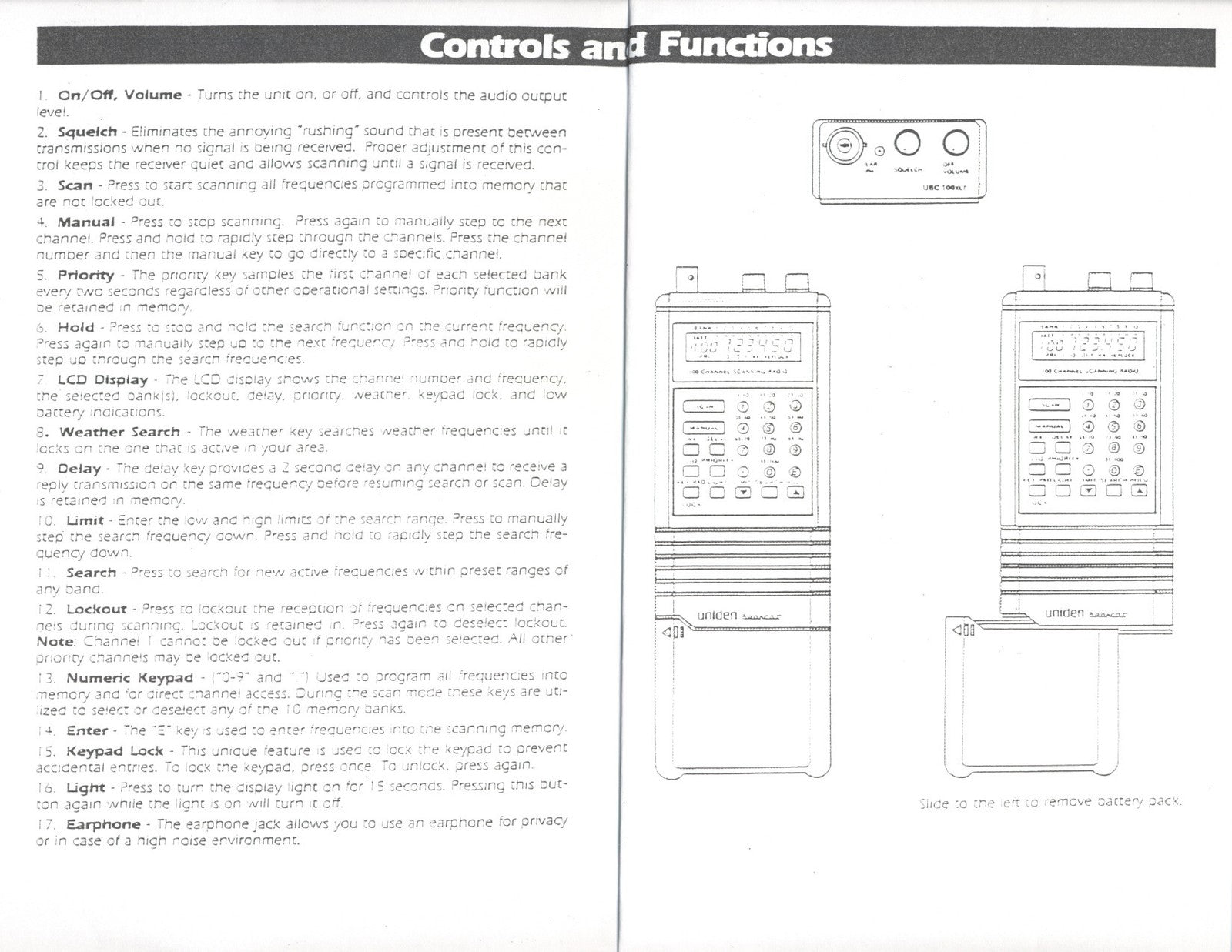 UNIDEN UBC100XLT 100 Channel Hand Held Scanner Operating Guide, FOLDOUTS