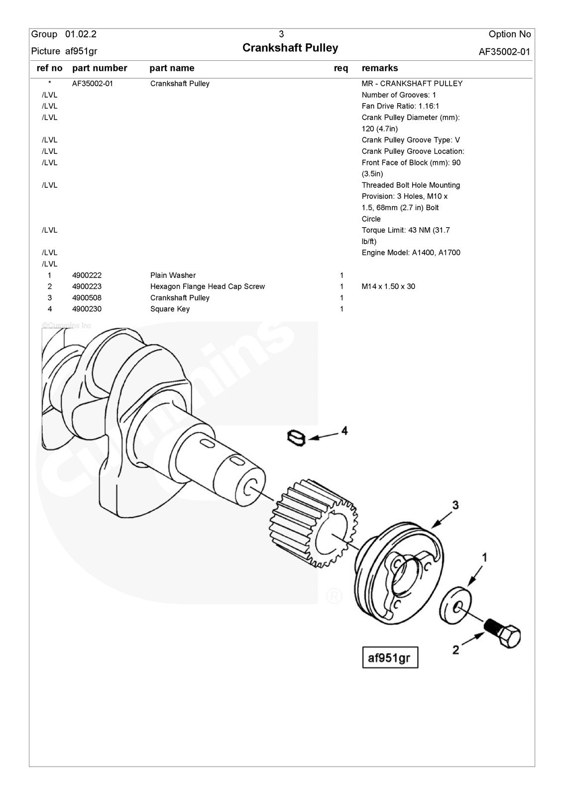 CUMMINS A1700 Engine Parts Catalog Manual SN 70016100 Up 2007 - WIRE BOUND