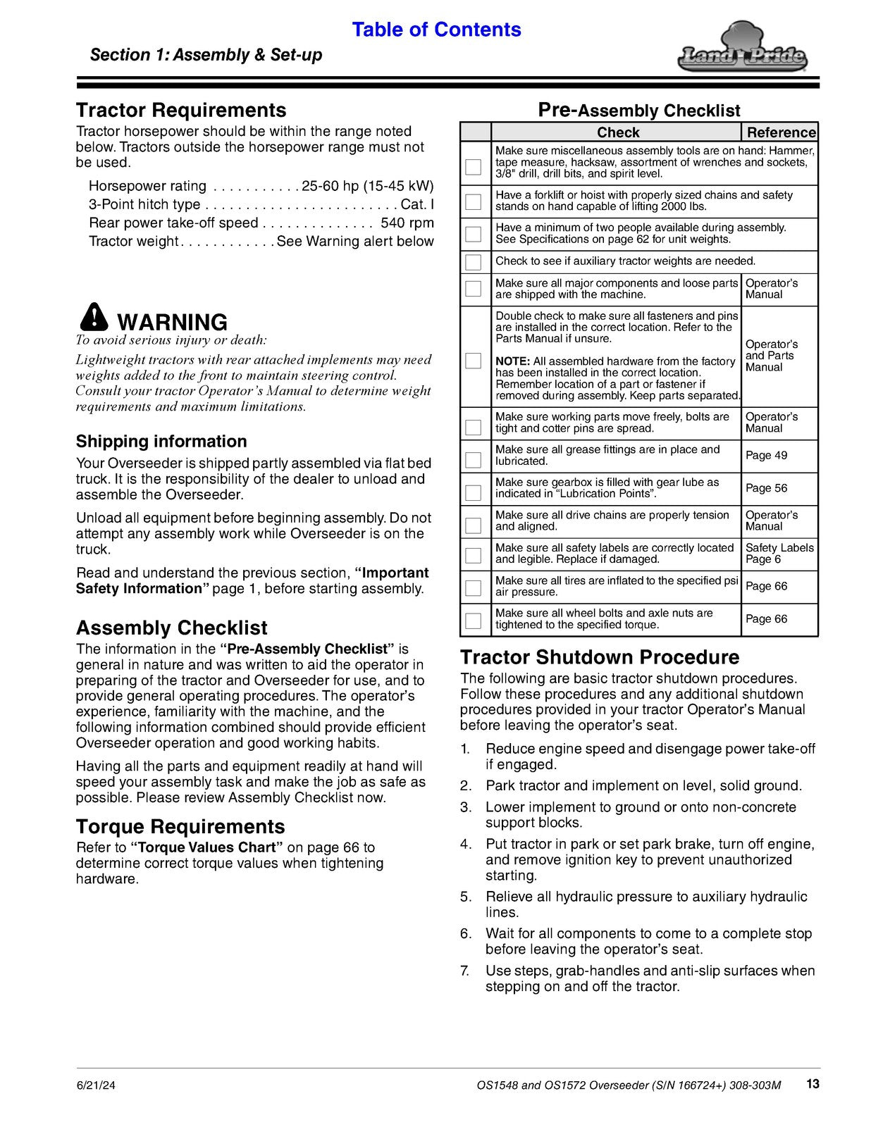 LAND PRIDE OS15 Series Overseeders Operators Manual - WIRE BOUND - TOUGH COVERS