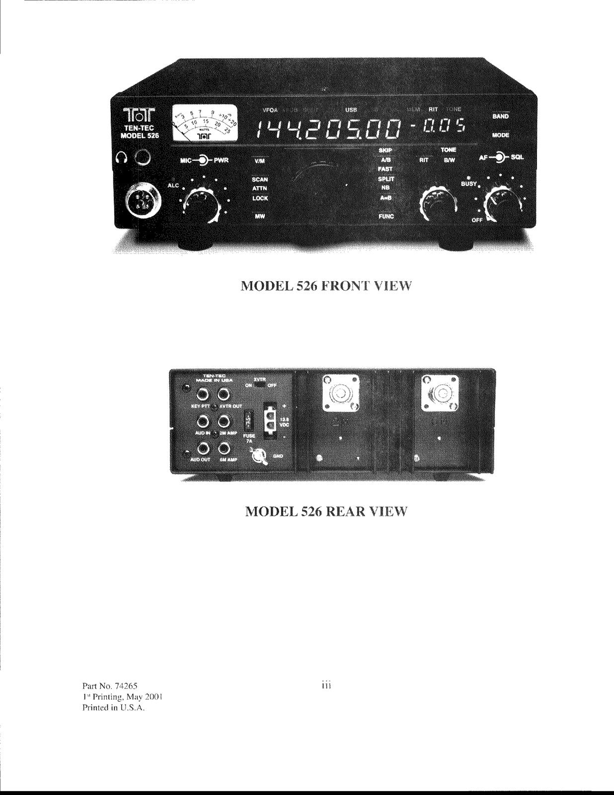 TEN TEC 6N2 Model 526 Operators Manual - STEEL WIRE BOUND - PROTECTIVE COVERS