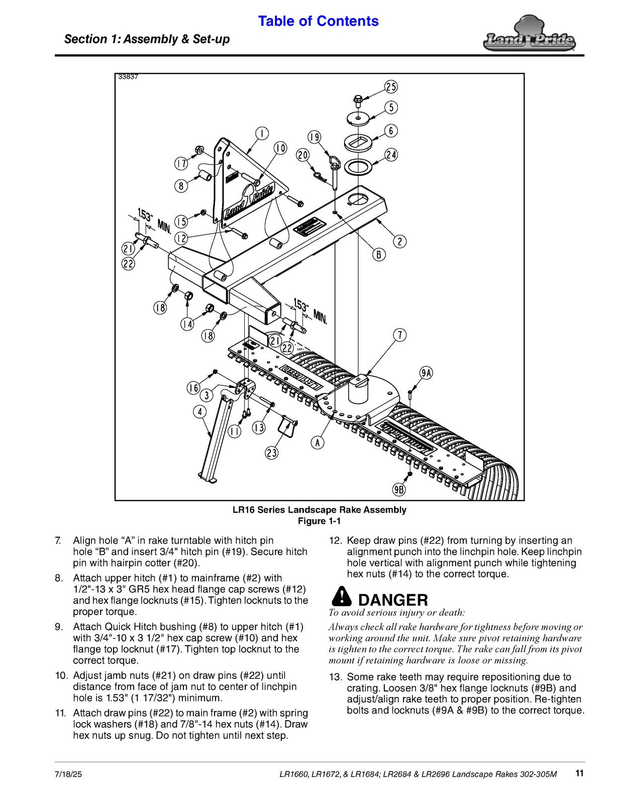 LAND PRIDE LR16 Series Landscape Rakes Operators Manual - WIRE BOUND - COVERS