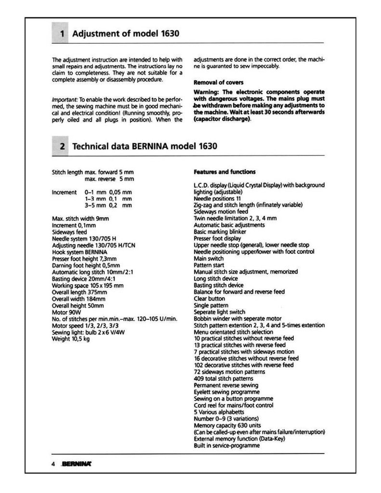 BERNINA 1630 Service Manual - STEEL WIRE BOUND - PROTECTIVE COVERS