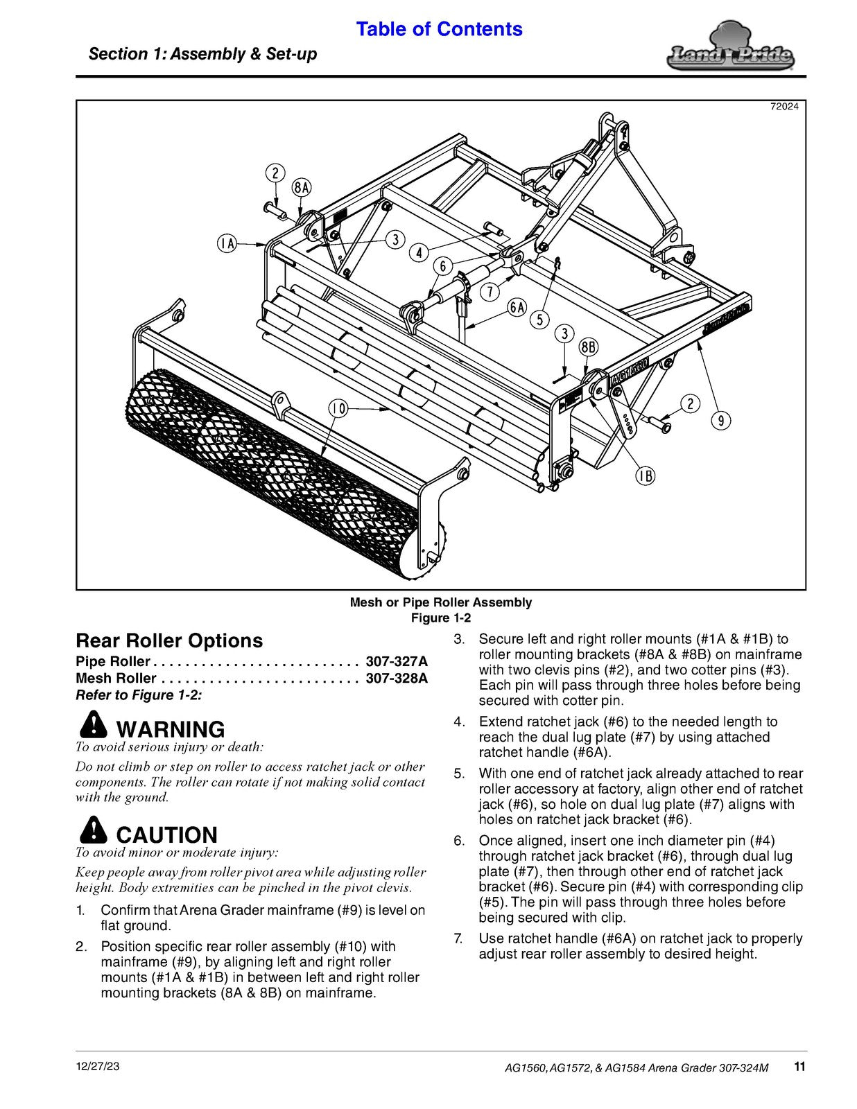 LAND PRIDE AG15 Series Arena Graders Operators Manual - WIRE BOUND - COVERS
