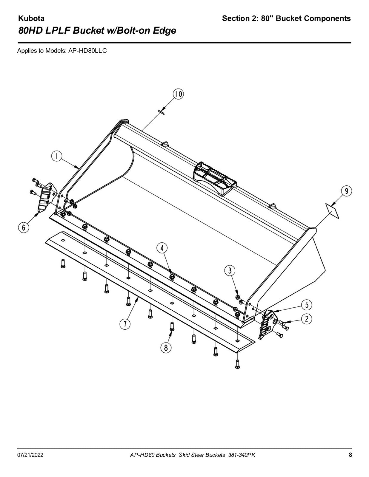 LAND PRIDE HD80 SL HD Series Buckets Parts Manual 2022 - WIRE BOUND - COVERS
