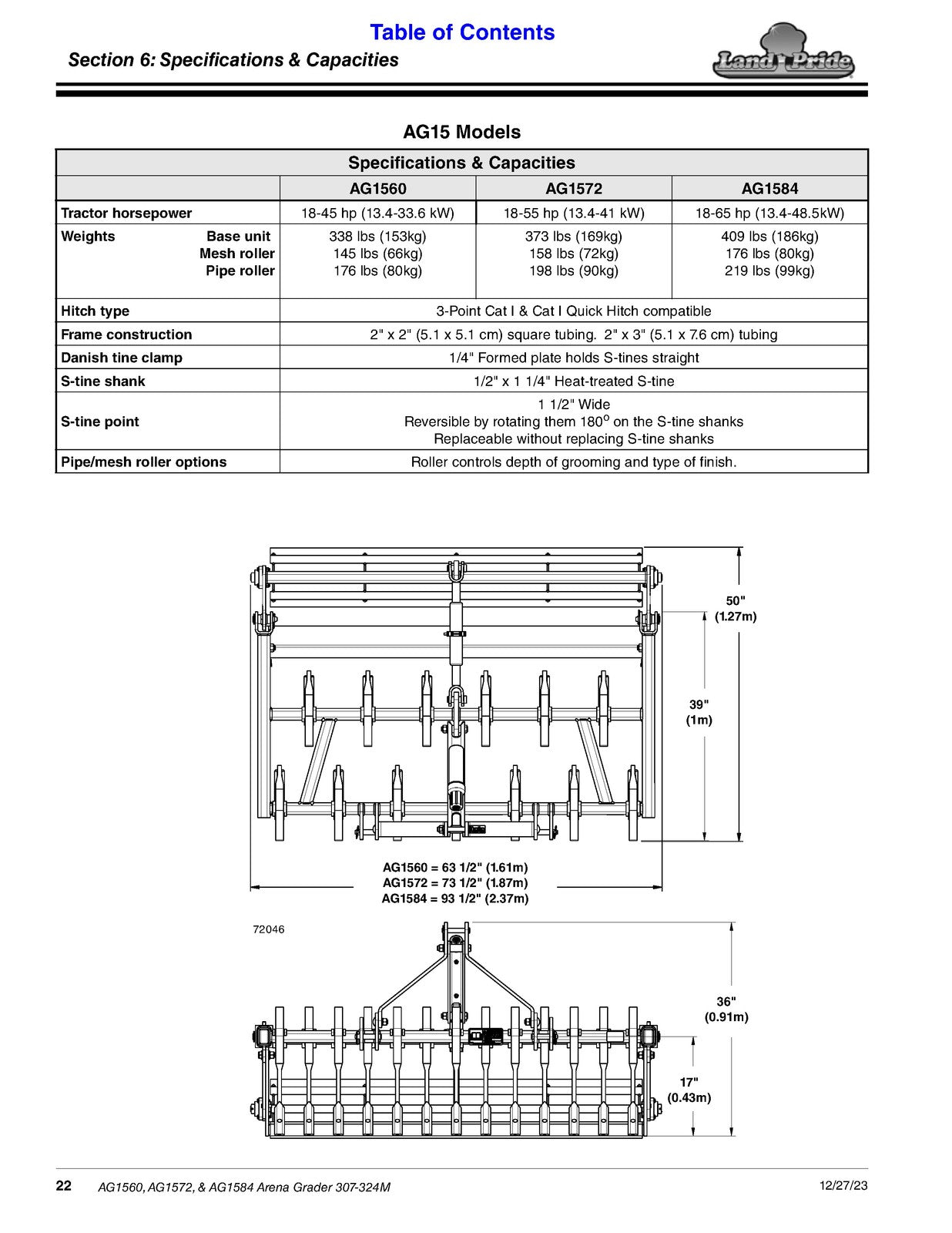 LAND PRIDE AG15 Series Arena Graders Operators Manual - WIRE BOUND - COVERS